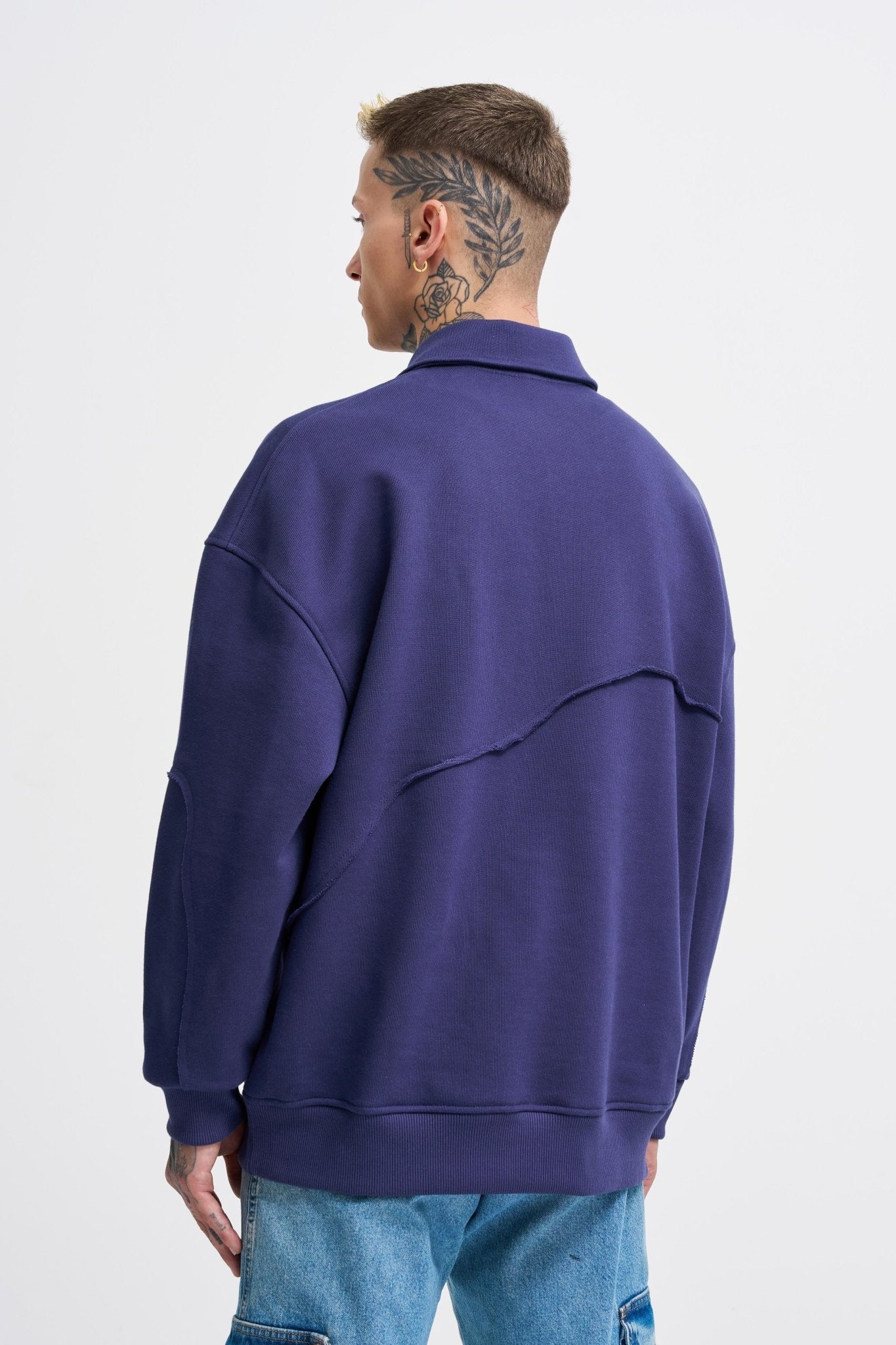 Erkek Distressed Stitch Polo Sweatshirt Gece Mavisi
