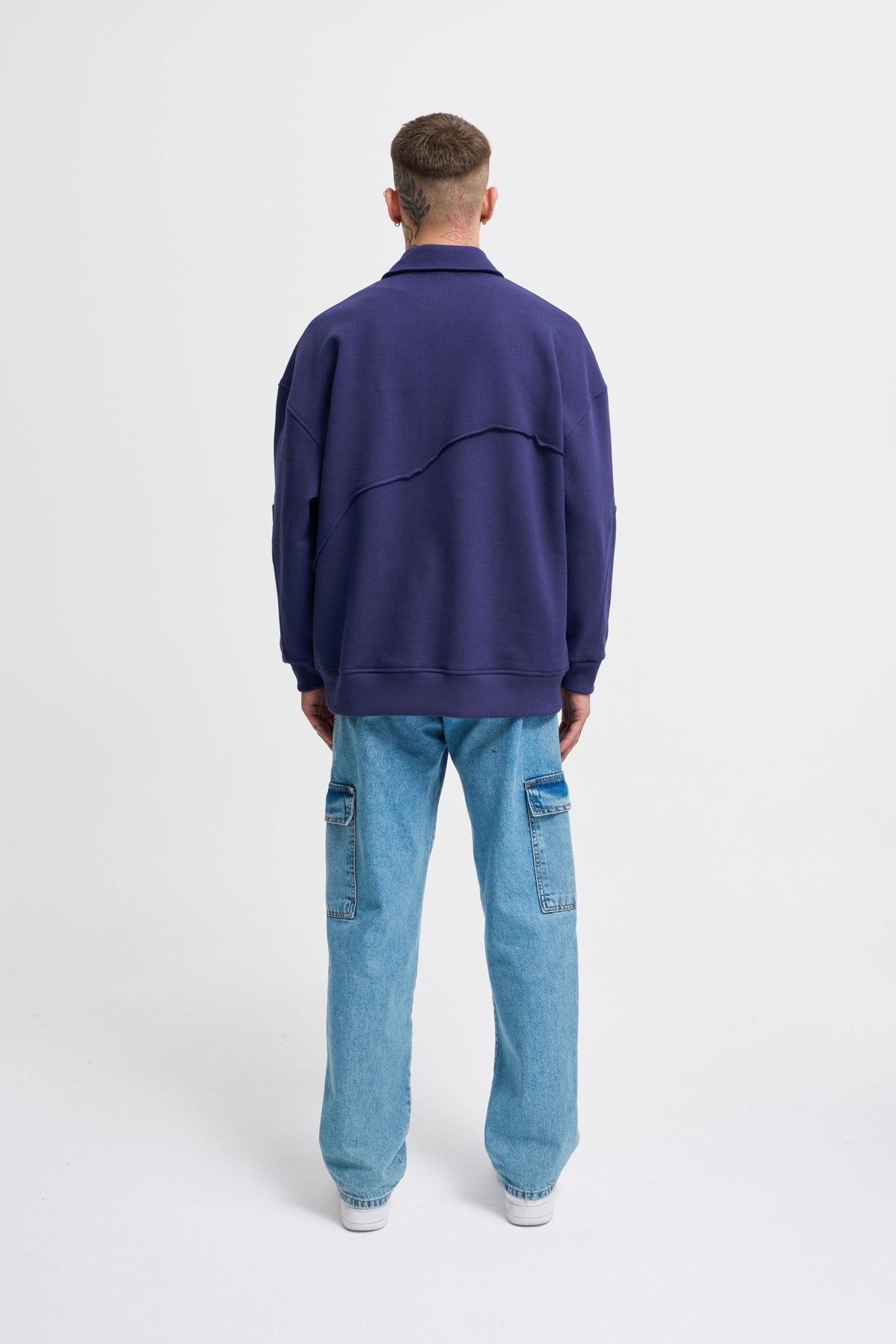 Erkek Distressed Stitch Polo Sweatshirt Gece Mavisi