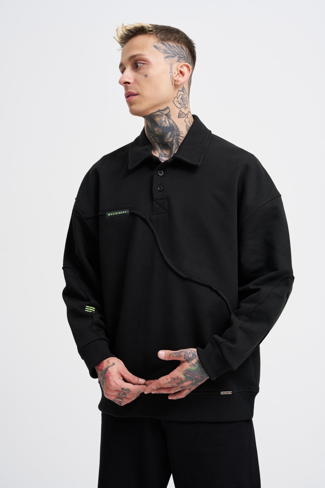 Erkek Distressed Stitch Polo Sweatshirt Siyah