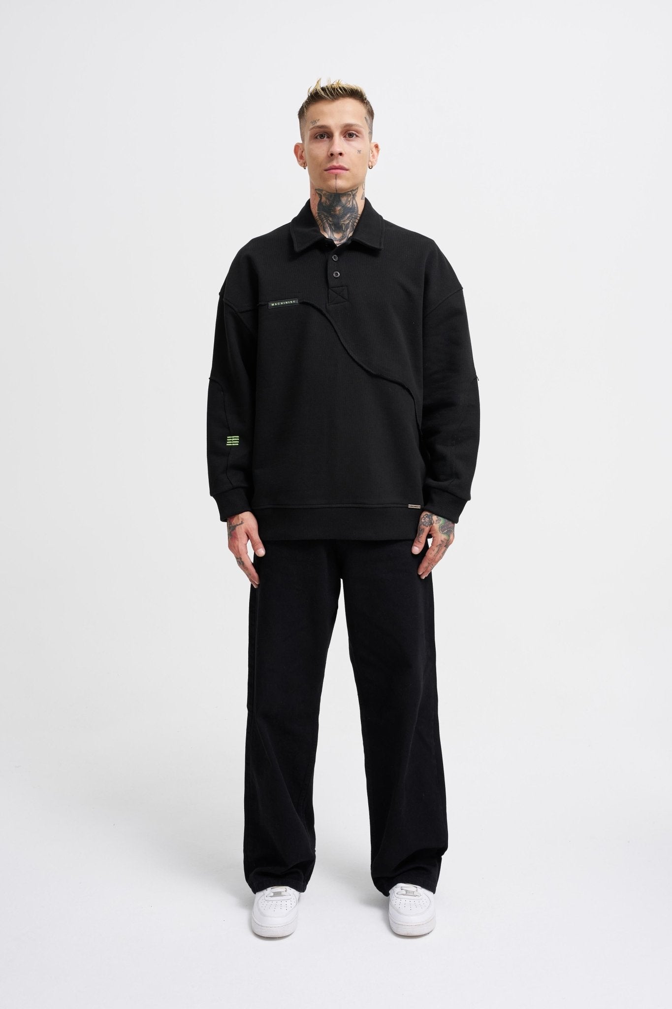 Erkek Distressed Stitch Polo Sweatshirt Siyah