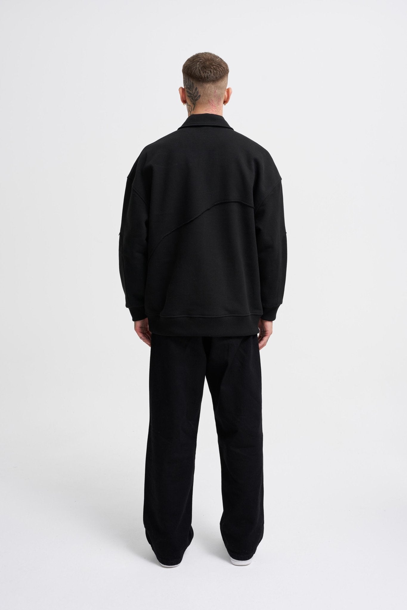 Erkek Distressed Stitch Polo Sweatshirt Siyah