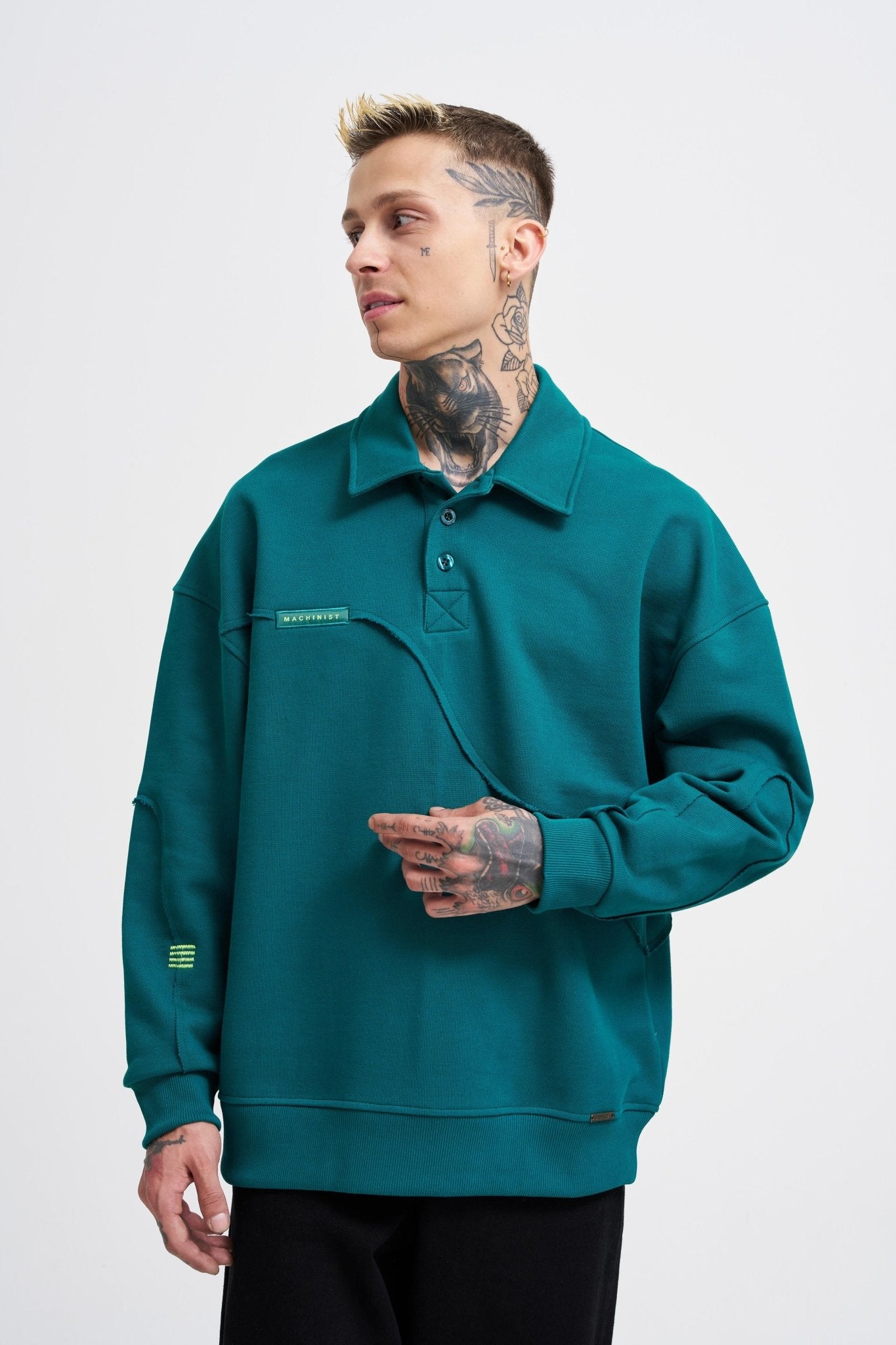 Erkek Distressed Stitch Polo Sweatshirt Yağ Yeşili