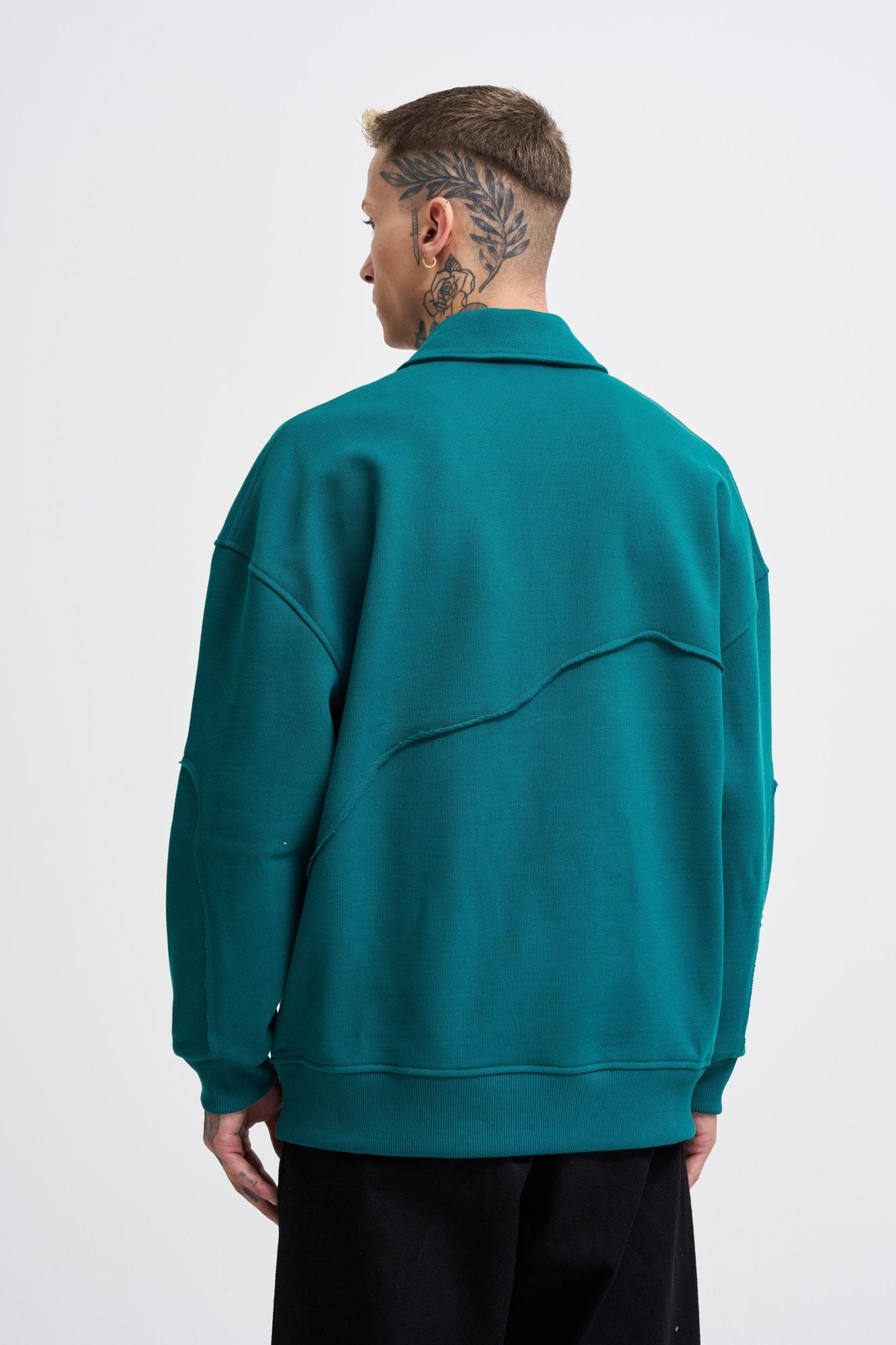 Erkek Distressed Stitch Polo Sweatshirt Yağ Yeşili