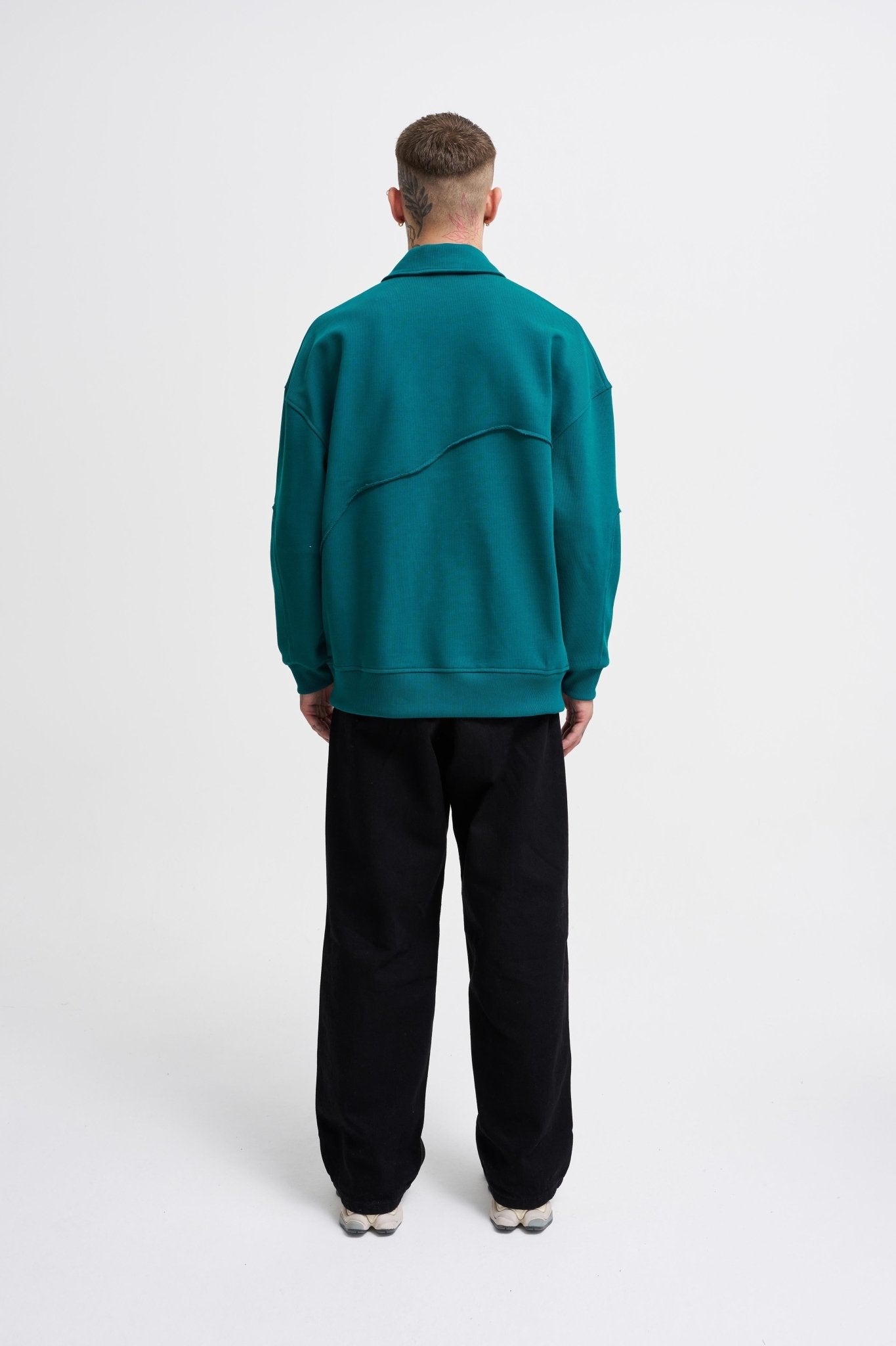 Erkek Distressed Stitch Polo Sweatshirt Yağ Yeşili