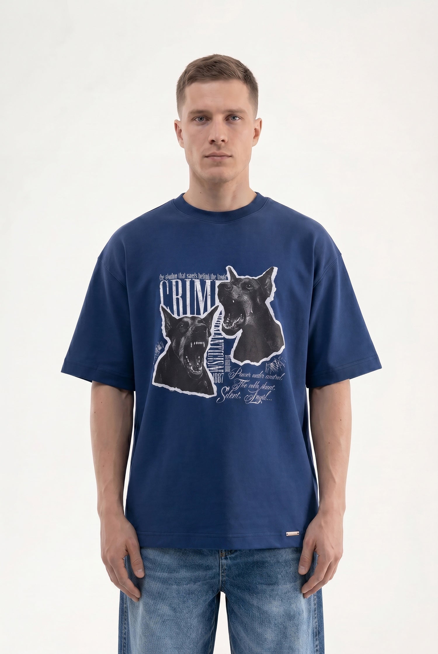 Erkek Dog Printed Oversize Tişört Gece Mavisi-3