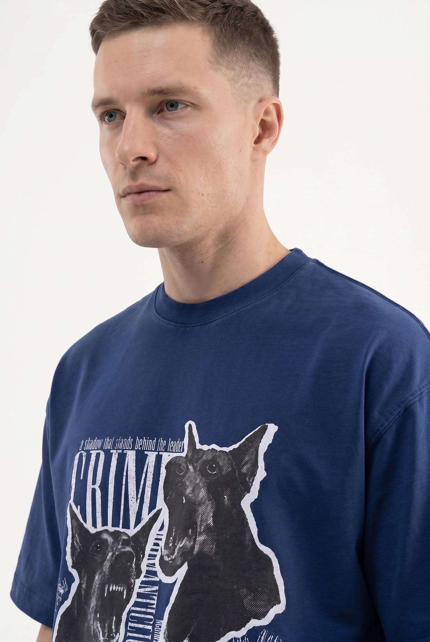 Erkek Dog Printed Oversize Tişört Gece Mavisi-4