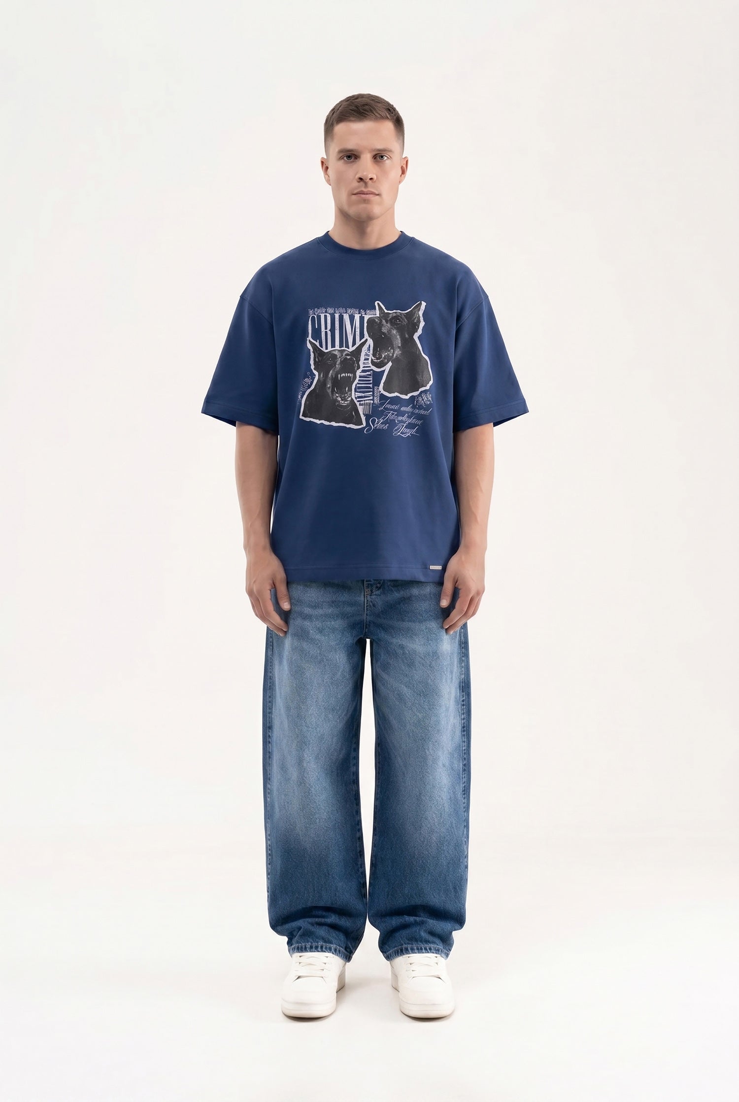Erkek Dog Printed Oversize Tişört Gece Mavisi-5