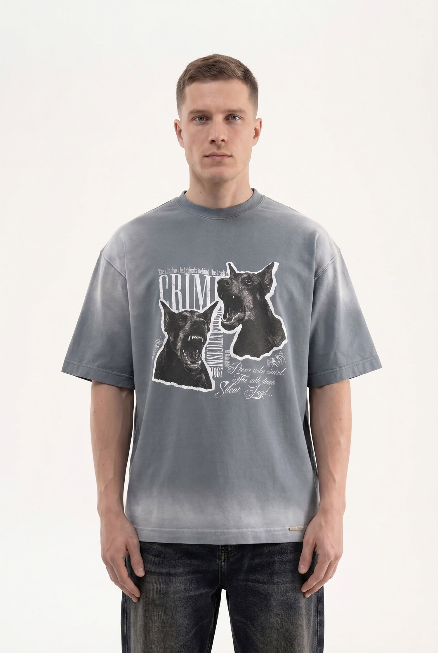 Erkek Dog Printed Oversize Tişört Gri-3