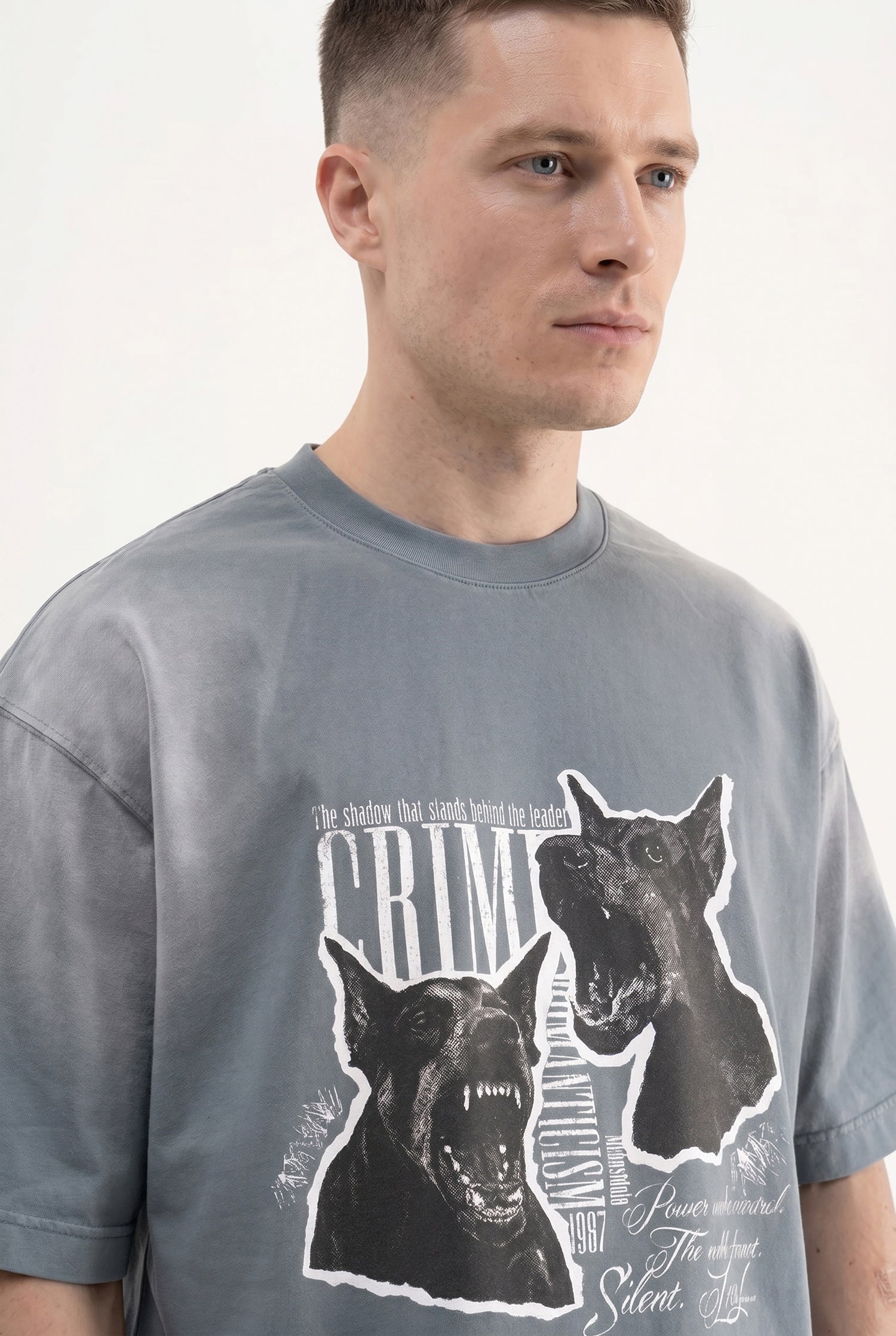 Erkek Dog Printed Oversize Tişört Gri-4