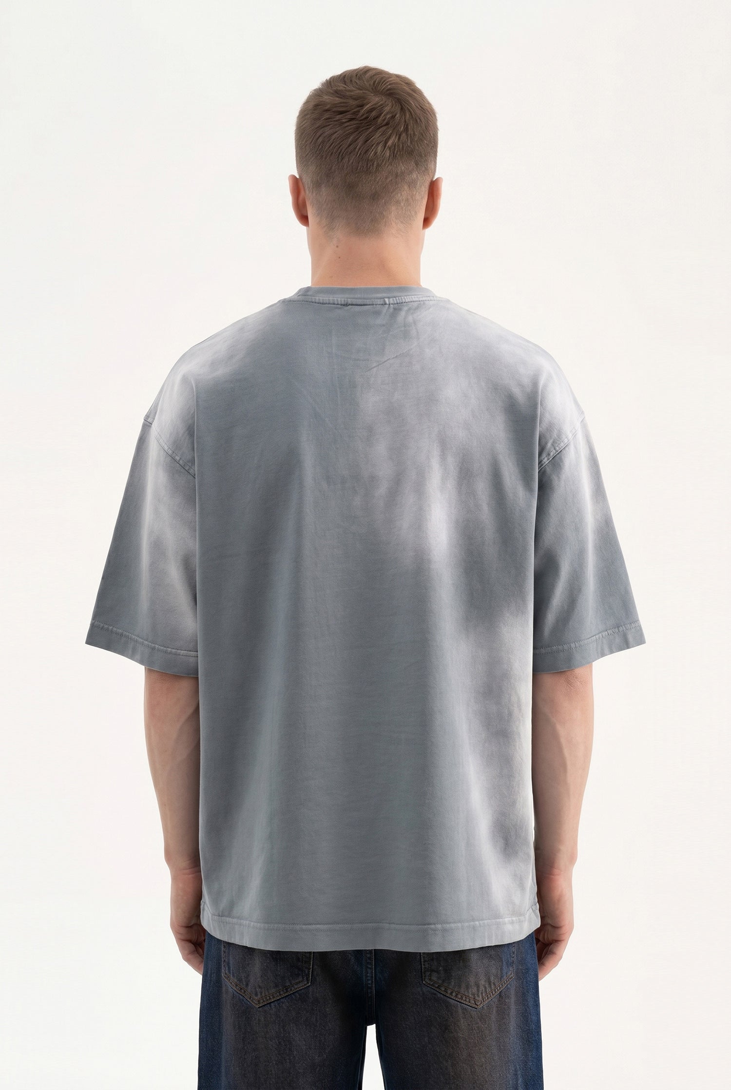 Erkek Dog Printed Oversize Tişört Gri-5
