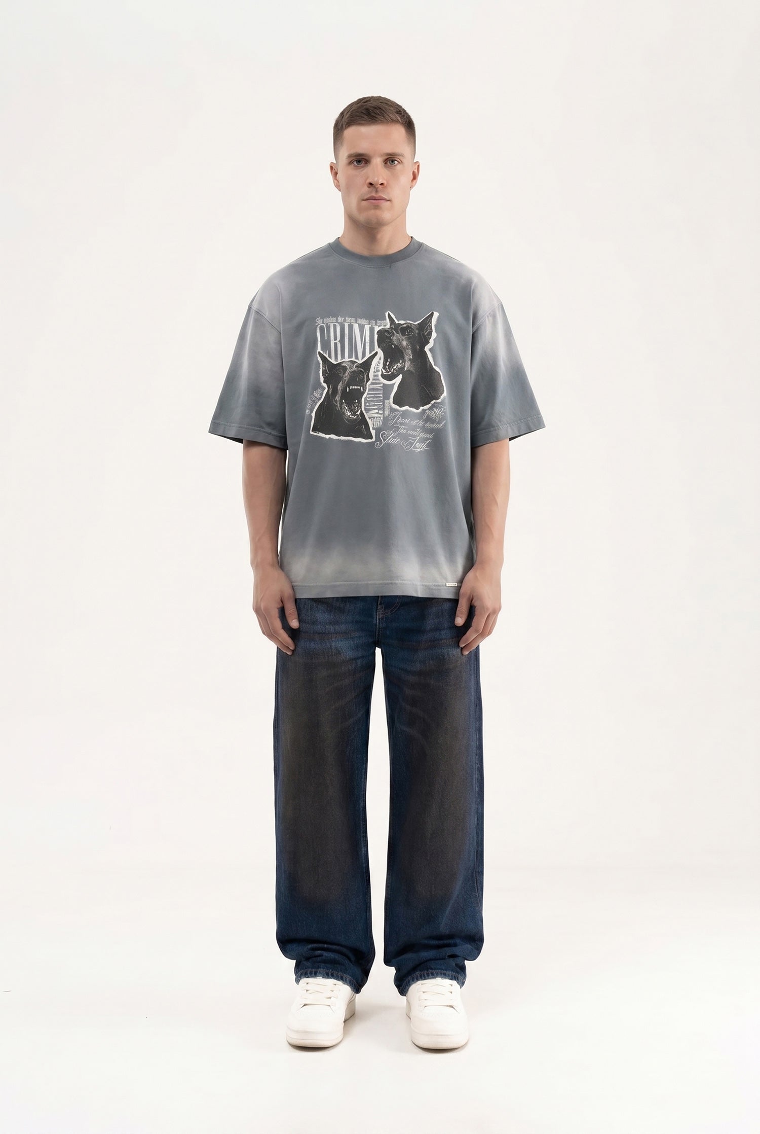Erkek Dog Printed Oversize Tişört Gri-6