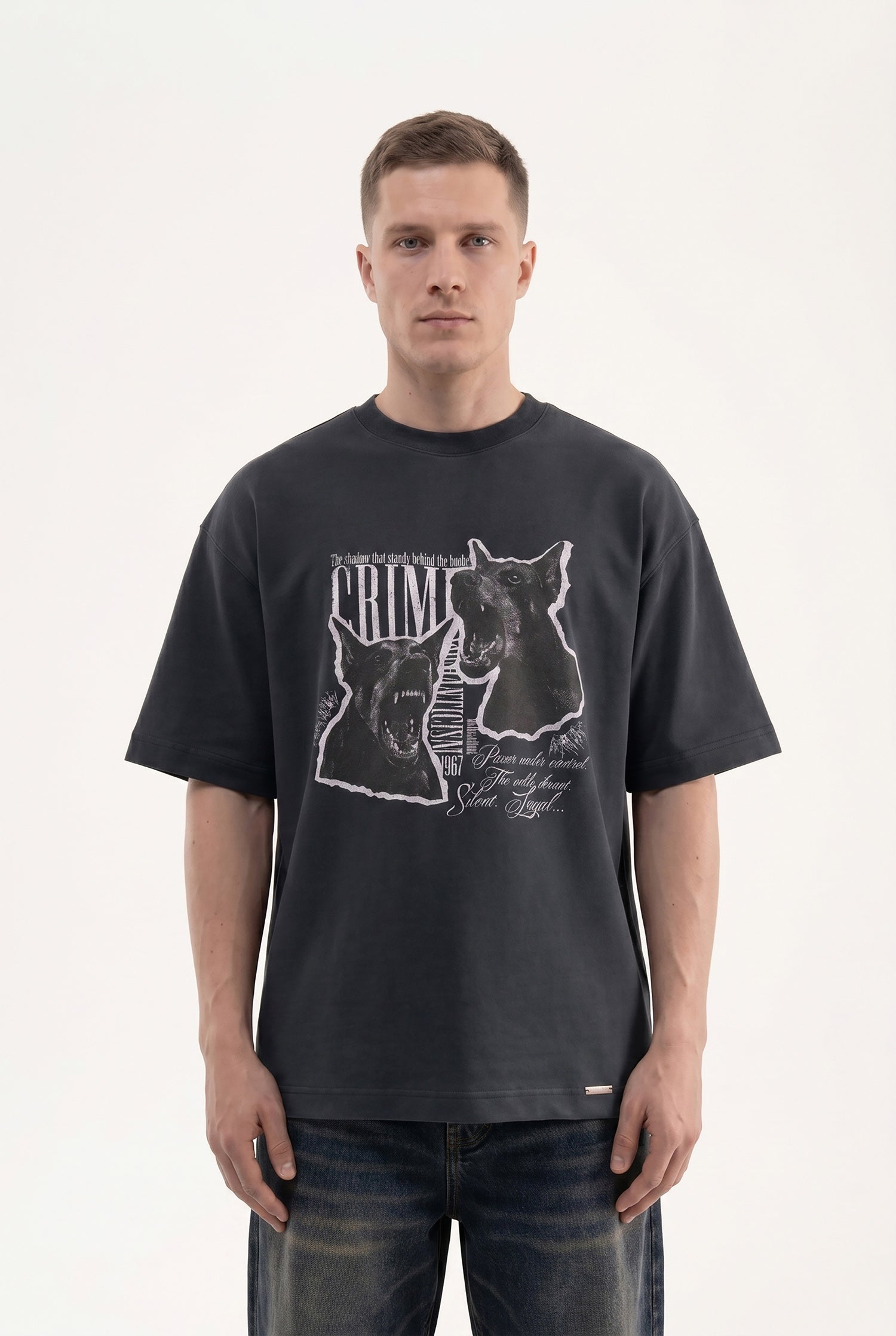 Erkek Dog Printed Oversize Tişört Siyah-3