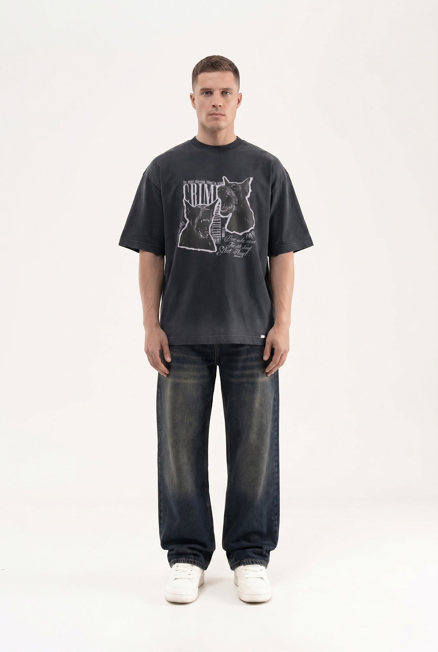 Erkek Dog Printed Oversize Tişört Siyah-6