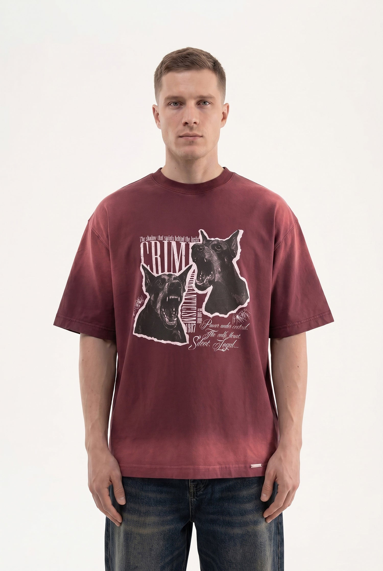 Erkek Dog Printed Oversize Tişört Vişne-3