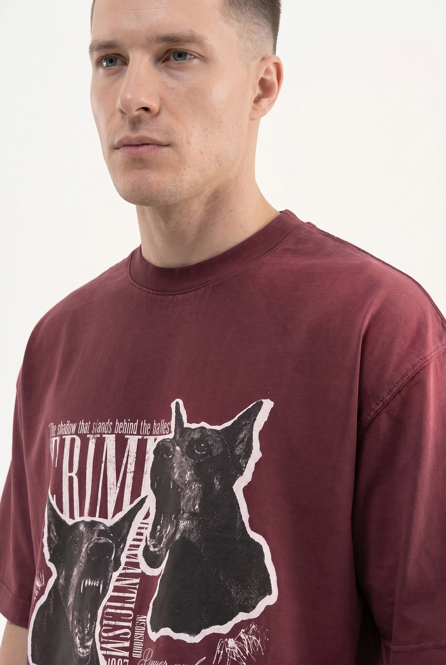 Erkek Dog Printed Oversize Tişört Vişne-4
