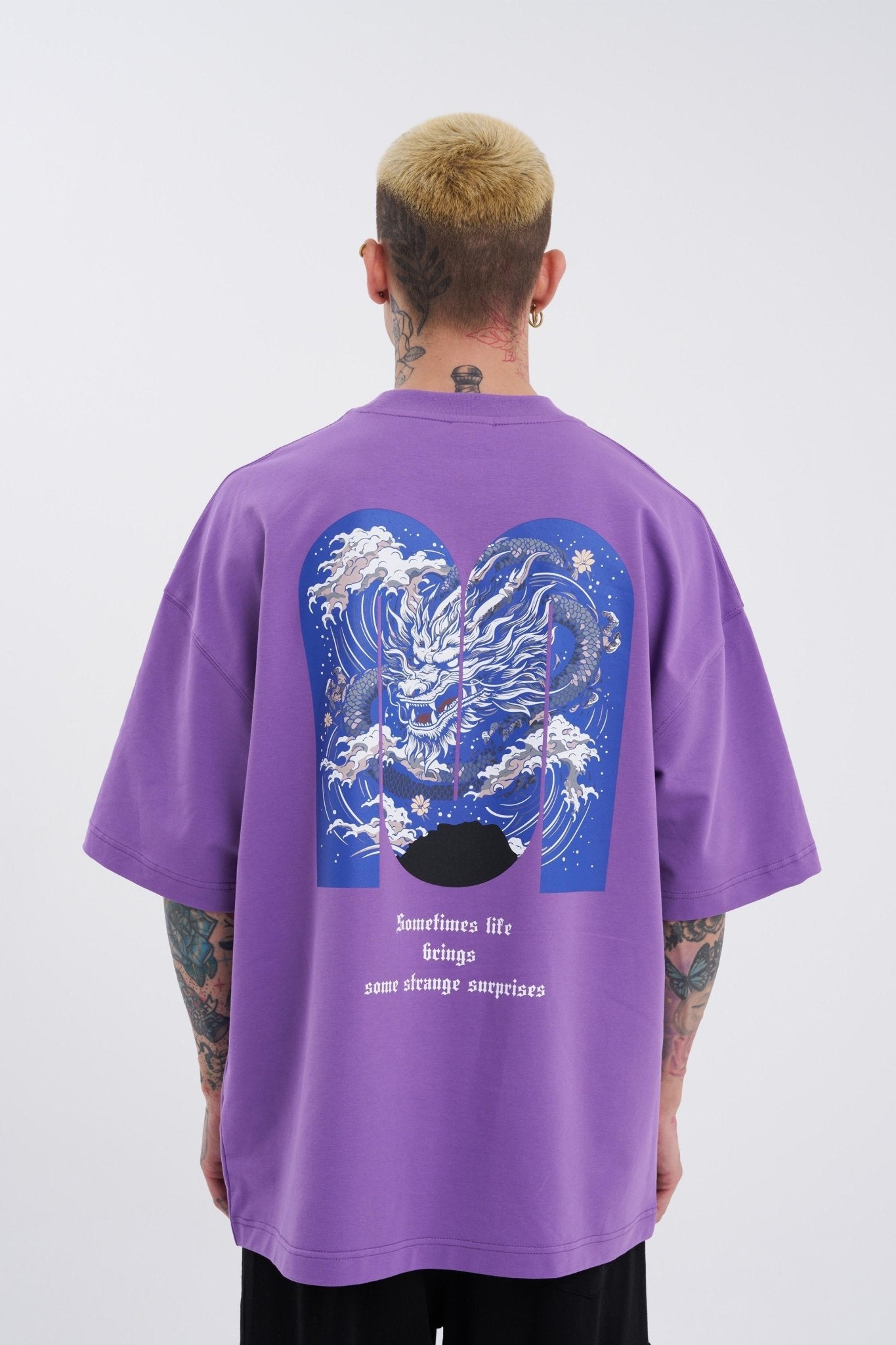 Erkek Dragon Machinist Baskılı Oversize Tişört Mor