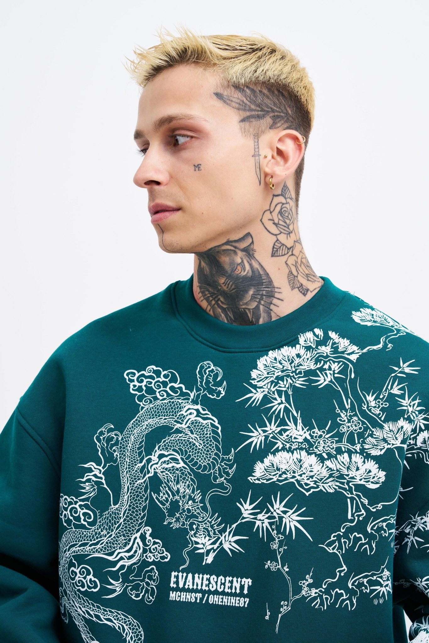 Erkek Dragon Printed Sweatshirt Yağ Yeşili