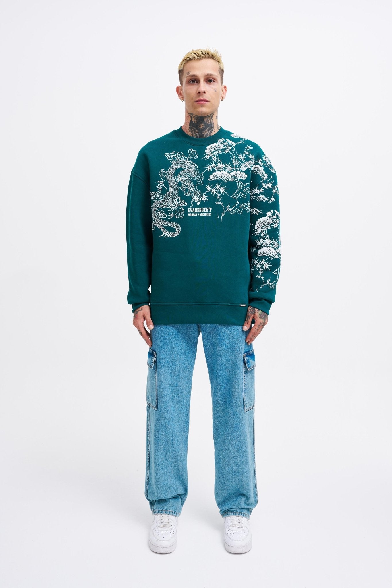 Erkek Dragon Printed Sweatshirt Yağ Yeşili