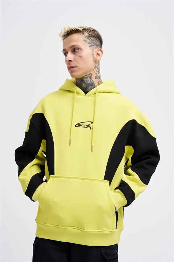 Erkek Embroidered and Pieced Kapüşonlu Sweatshirt Neon Sarı - Siyah