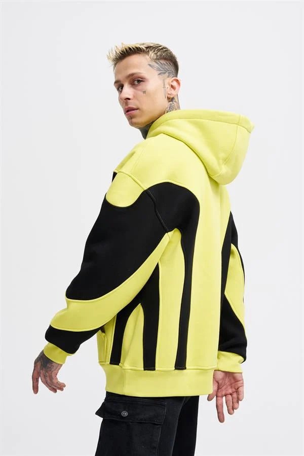 Erkek Embroidered and Pieced Kapüşonlu Sweatshirt Neon Sarı - Siyah