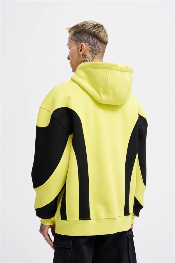 Erkek Embroidered and Pieced Kapüşonlu Sweatshirt Neon Sarı - Siyah