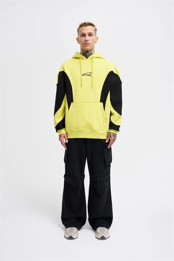 Erkek Embroidered and Pieced Kapüşonlu Sweatshirt Neon Sarı - Siyah