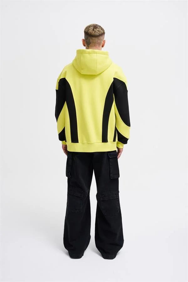 Erkek Embroidered and Pieced Kapüşonlu Sweatshirt Neon Sarı - Siyah