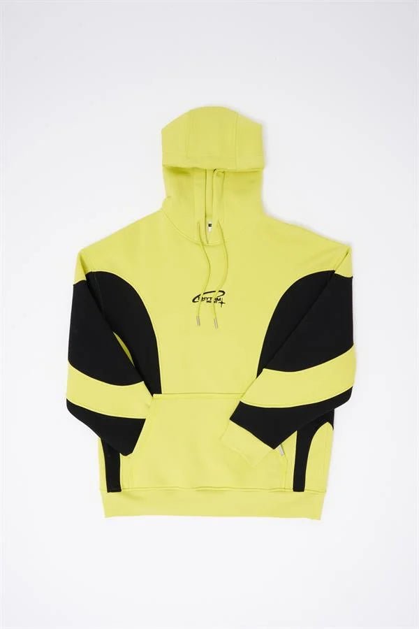 Erkek Embroidered and Pieced Kapüşonlu Sweatshirt Neon Sarı - Siyah