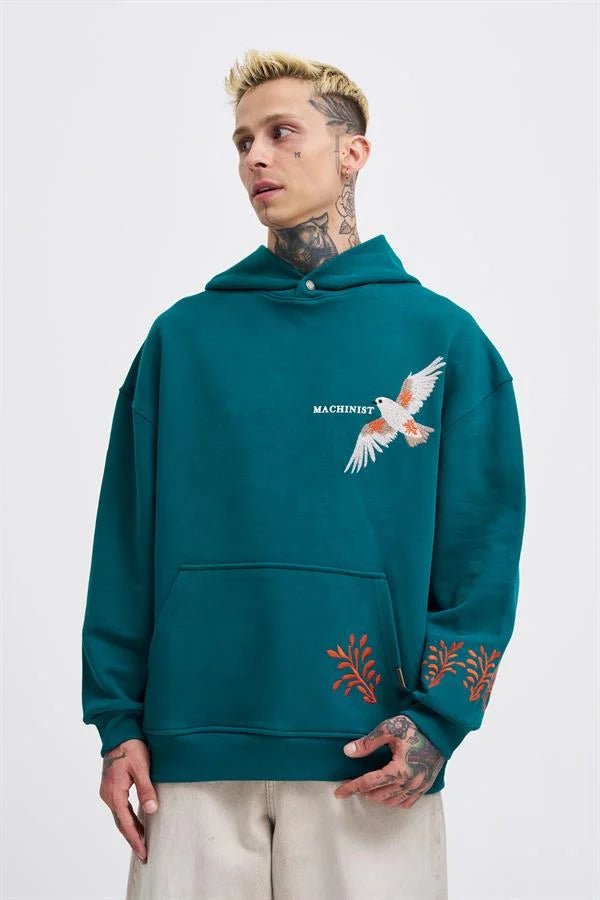 Erkek Embroidery Bird Kapüşonlu Sweatshirt Yağ Yeşili