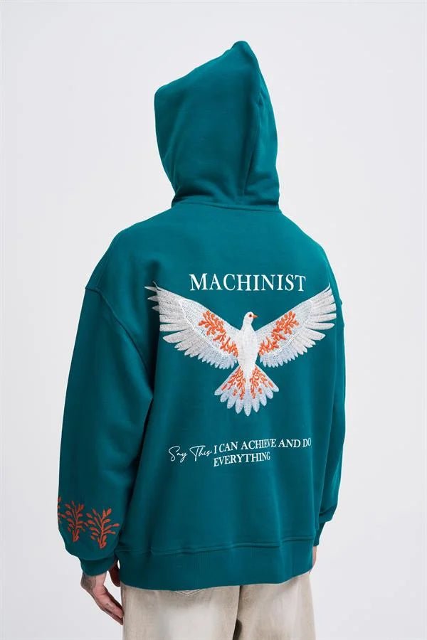 Erkek Embroidery Bird Kapüşonlu Sweatshirt Yağ Yeşili