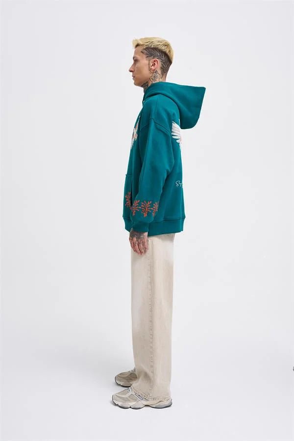 Erkek Embroidery Bird Kapüşonlu Sweatshirt Yağ Yeşili