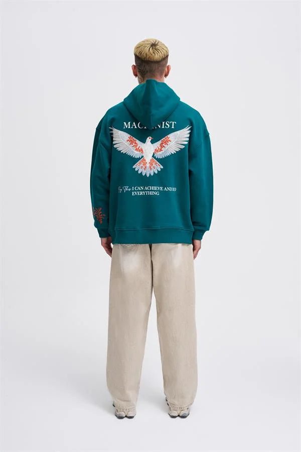 Erkek Embroidery Bird Kapüşonlu Sweatshirt Yağ Yeşili