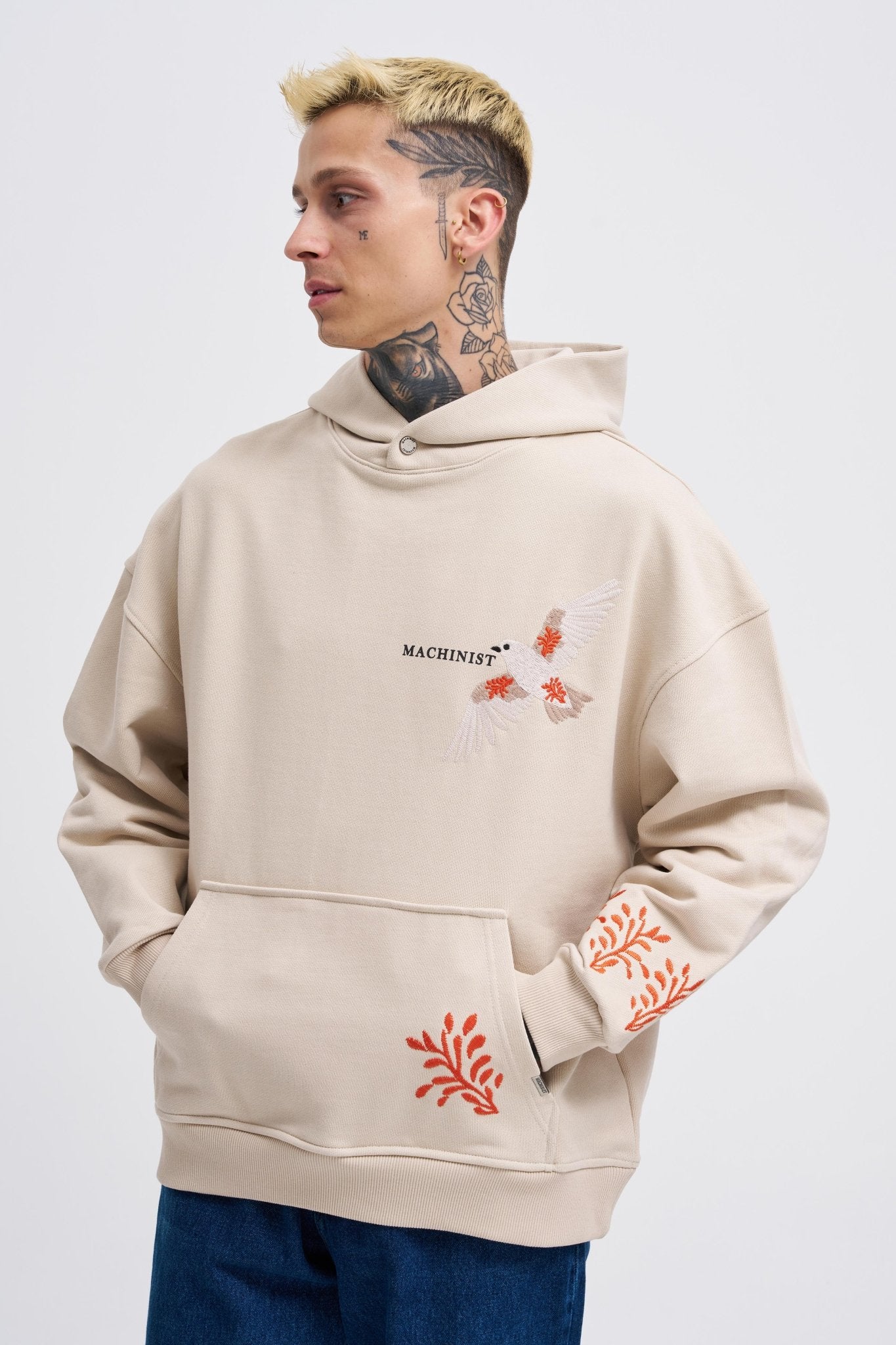 Erkek Embroidery Bird Kapüşonlu Sweatshirt Açık Bej