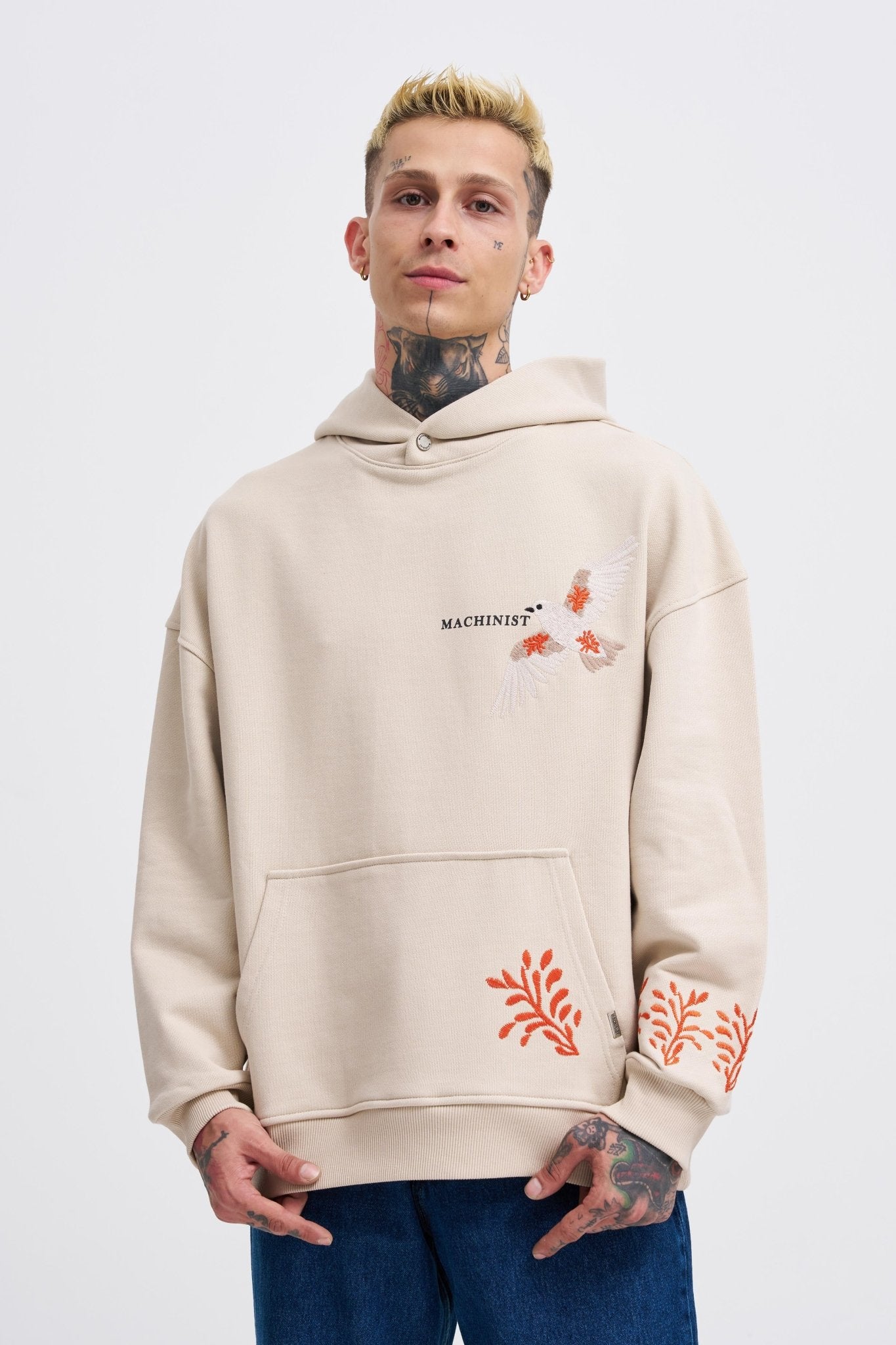 Erkek Embroidery Bird Kapüşonlu Sweatshirt Açık Bej