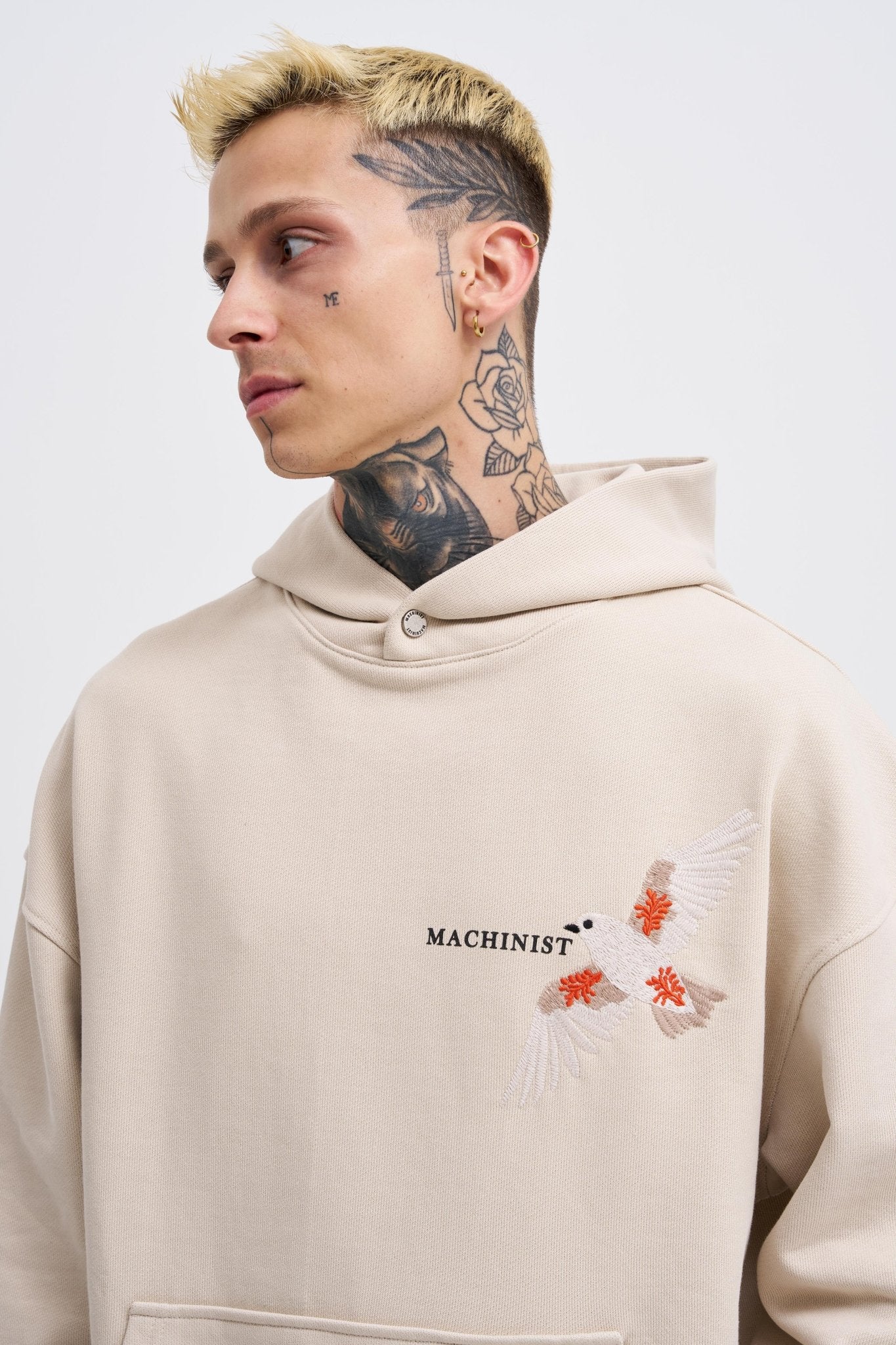 Erkek Embroidery Bird Kapüşonlu Sweatshirt Açık Bej