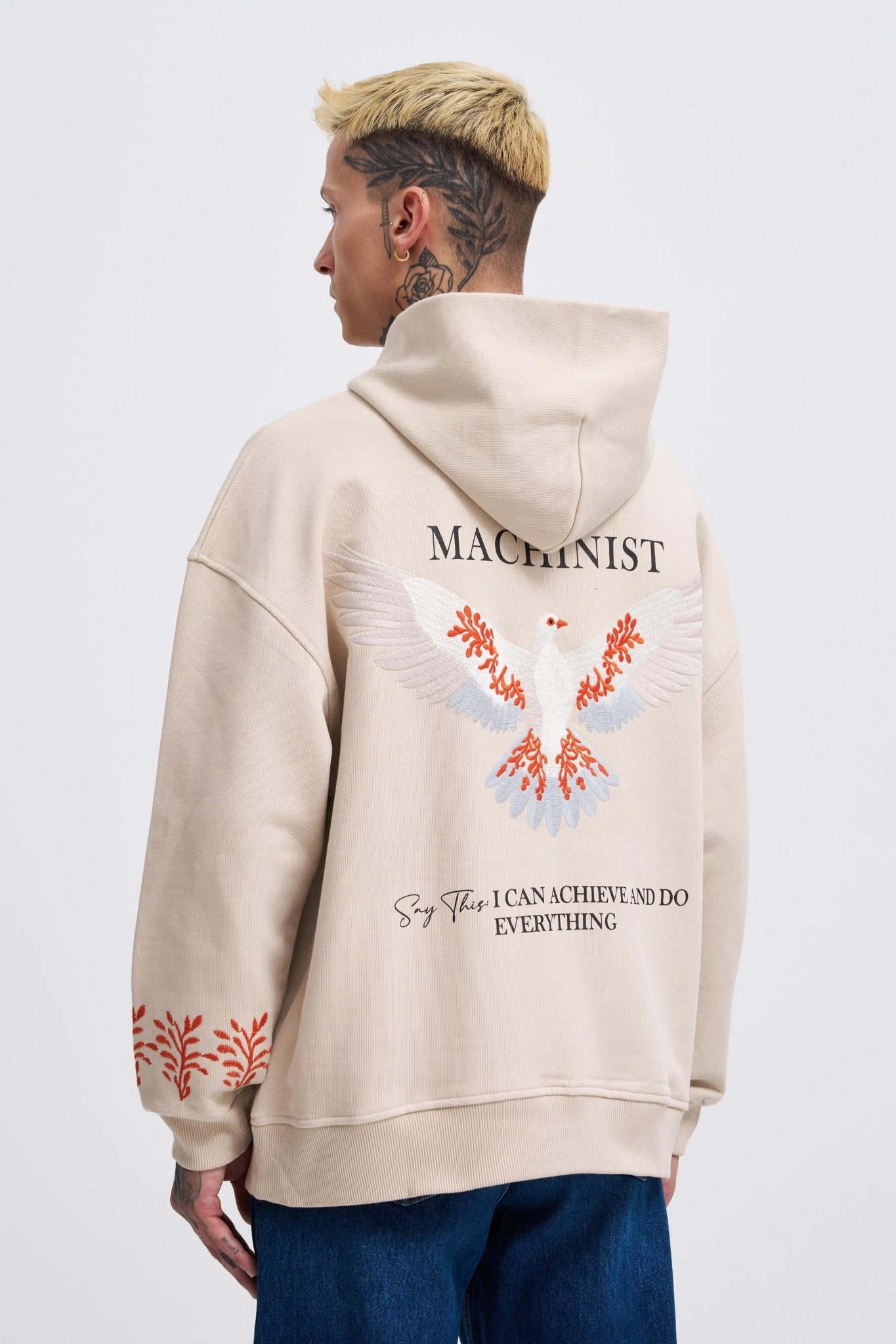 Erkek Embroidery Bird Kapüşonlu Sweatshirt Açık Bej
