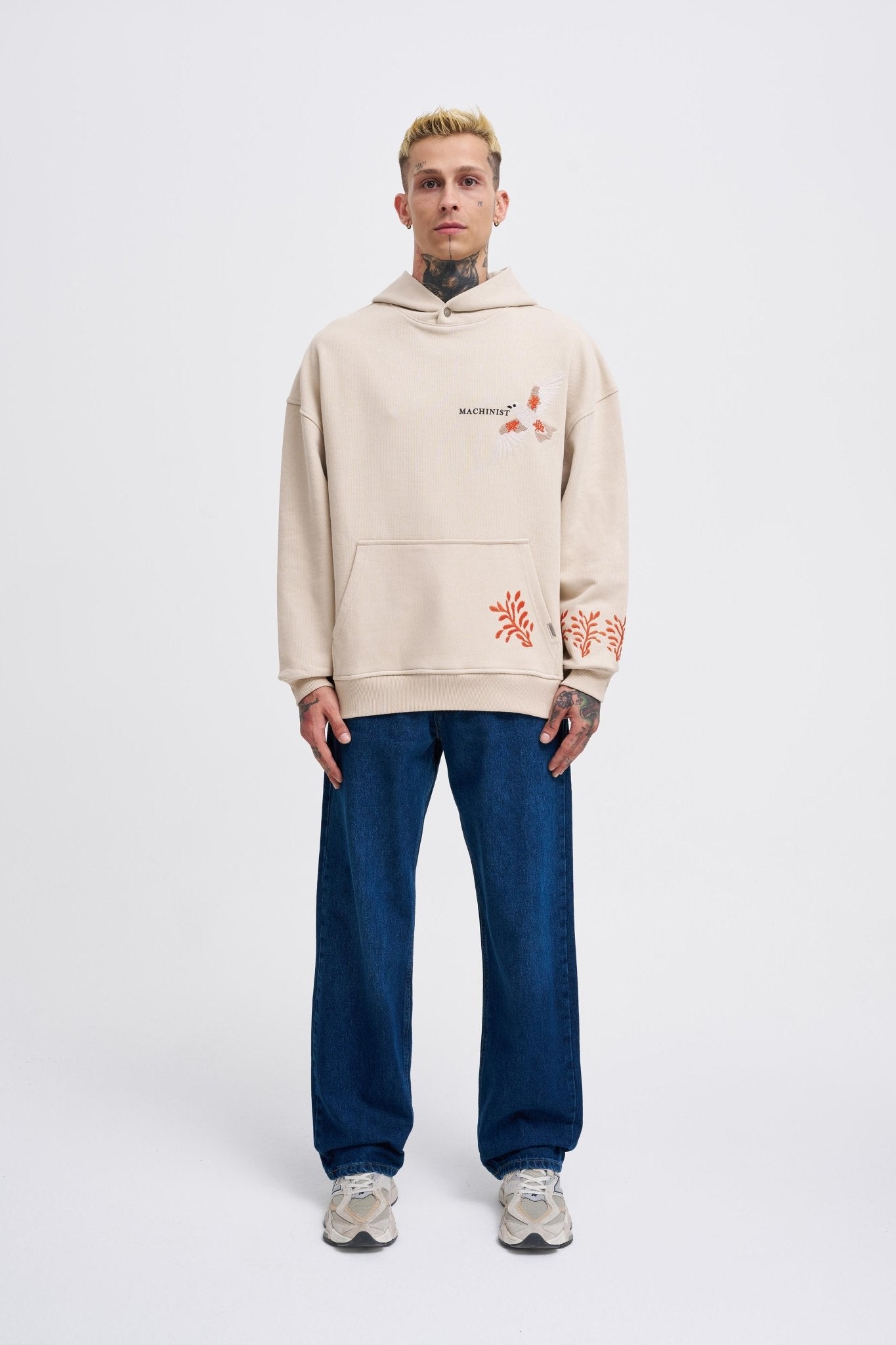 Erkek Embroidery Bird Kapüşonlu Sweatshirt Açık Bej