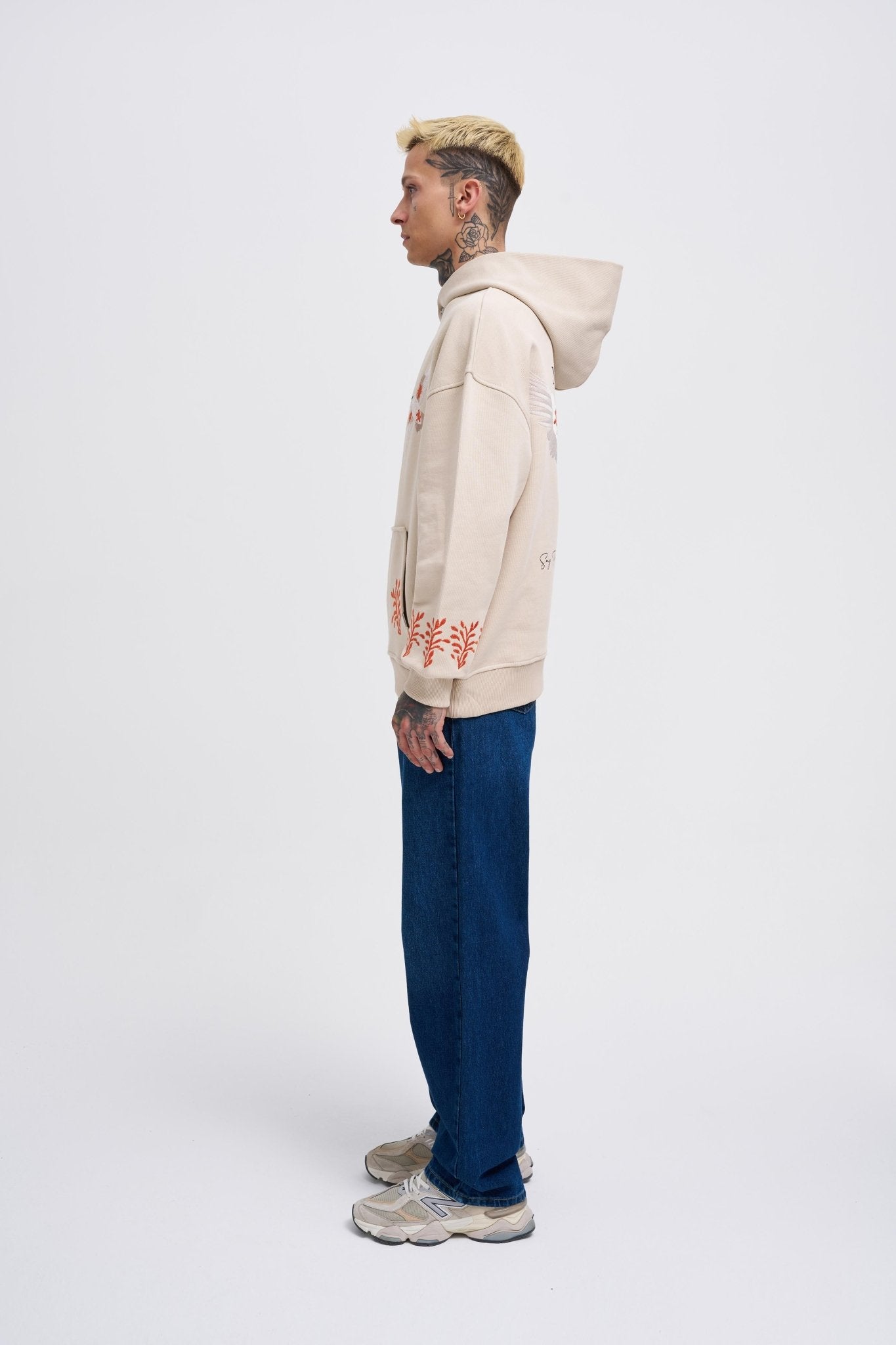 Erkek Embroidery Bird Kapüşonlu Sweatshirt Açık Bej