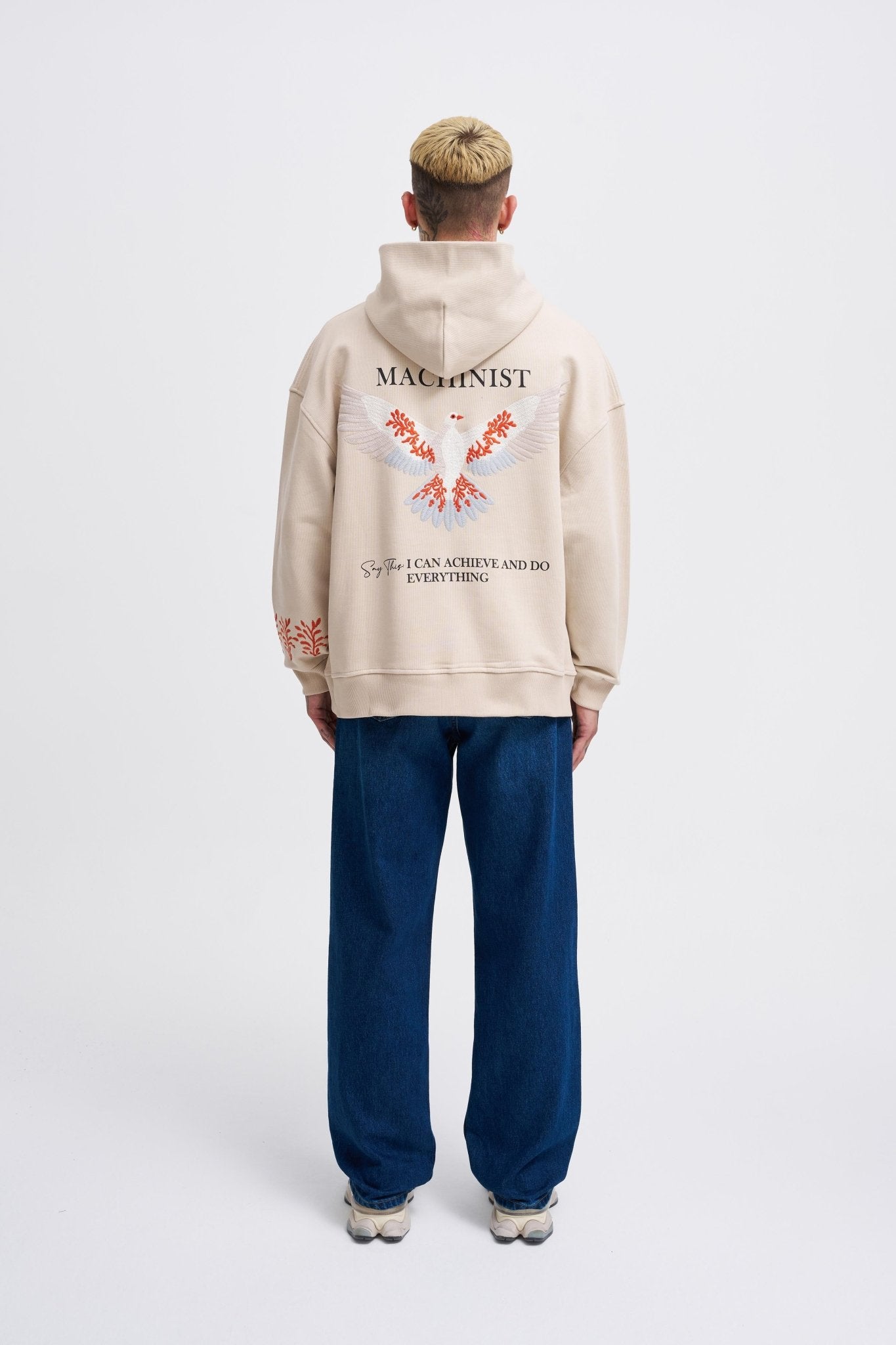 Erkek Embroidery Bird Kapüşonlu Sweatshirt Açık Bej