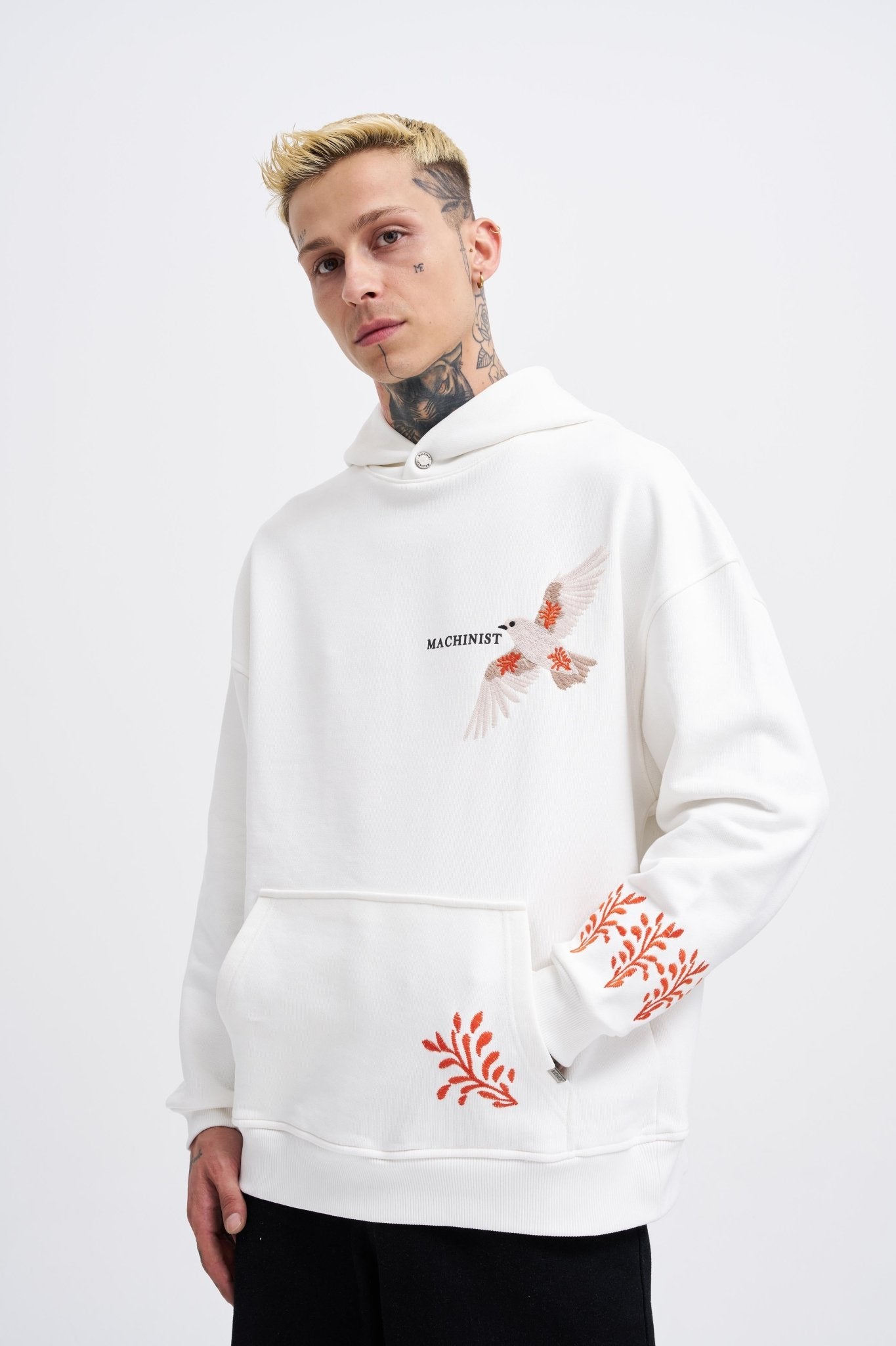 Erkek Embroidery Bird Kapüşonlu Sweatshirt Ekru