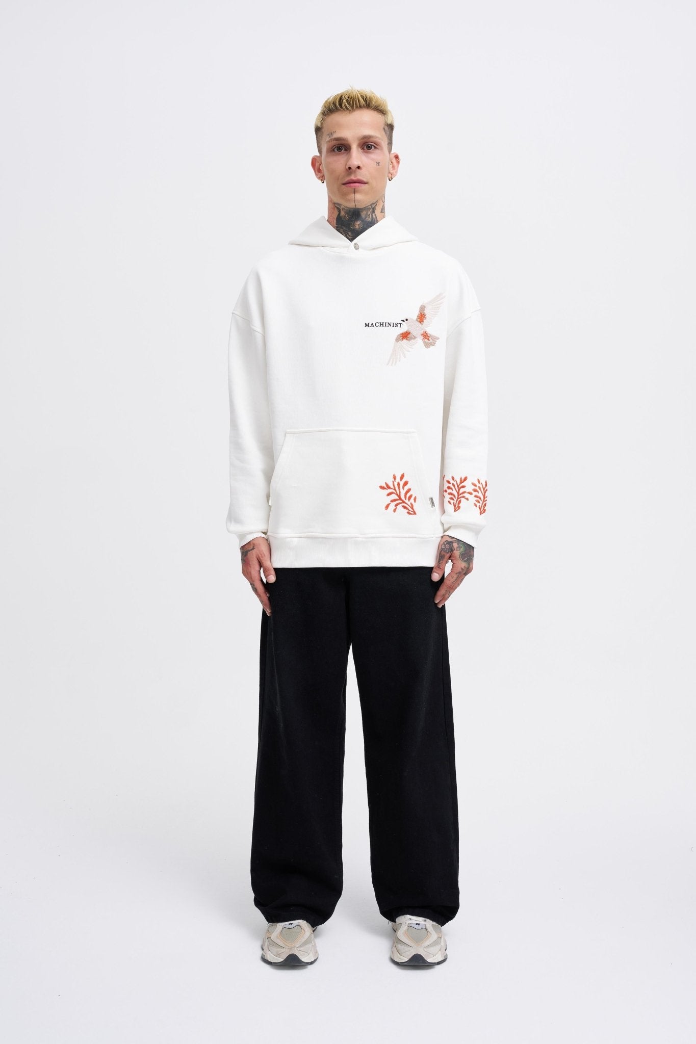 Erkek Embroidery Bird Kapüşonlu Sweatshirt Ekru