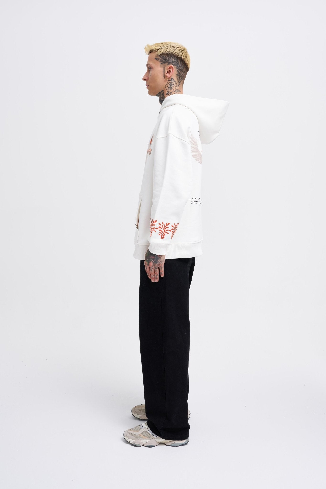 Erkek Embroidery Bird Kapüşonlu Sweatshirt Ekru
