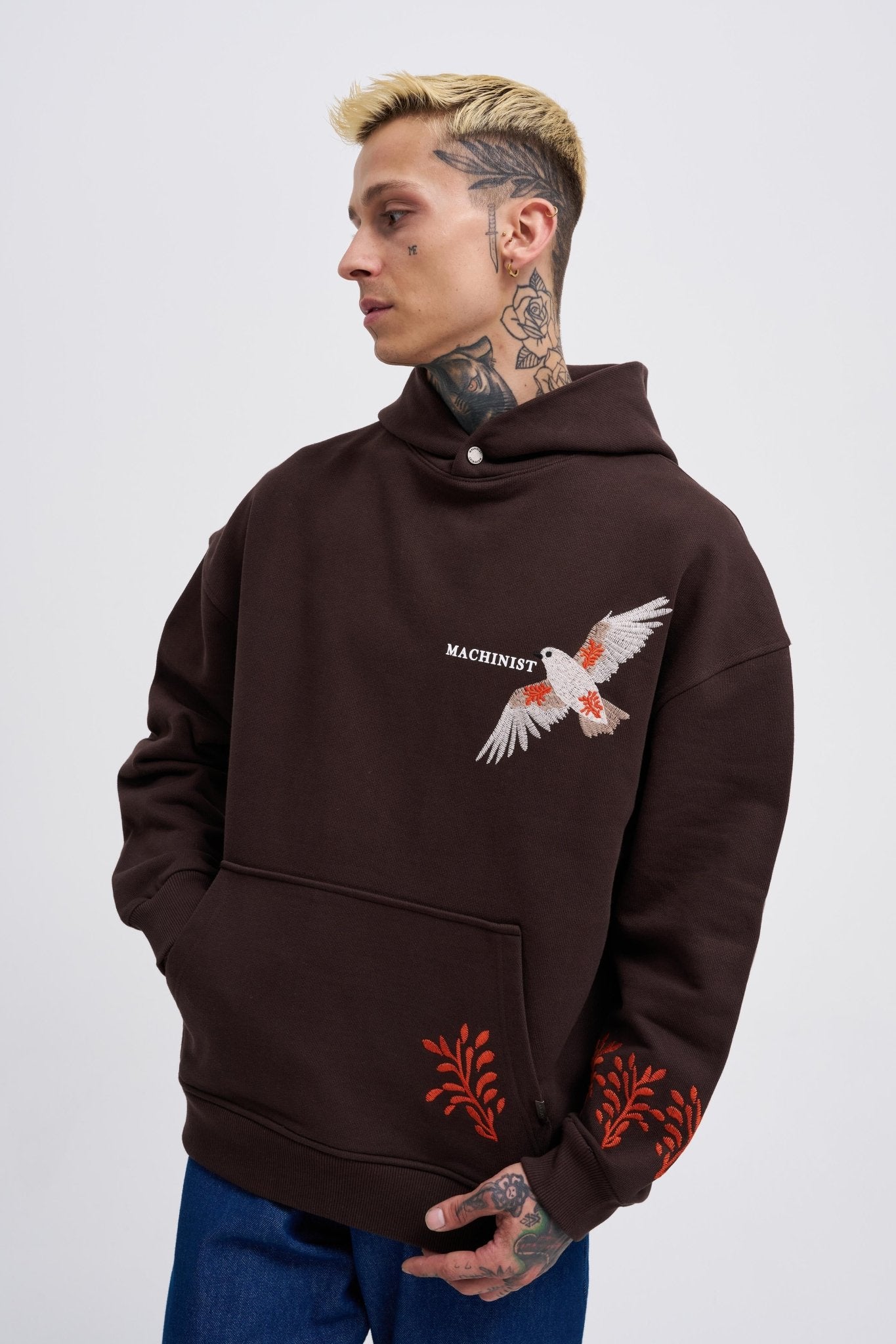 Erkek Embroidery Bird Kapüşonlu Sweatshirt Koyu Kahverengi