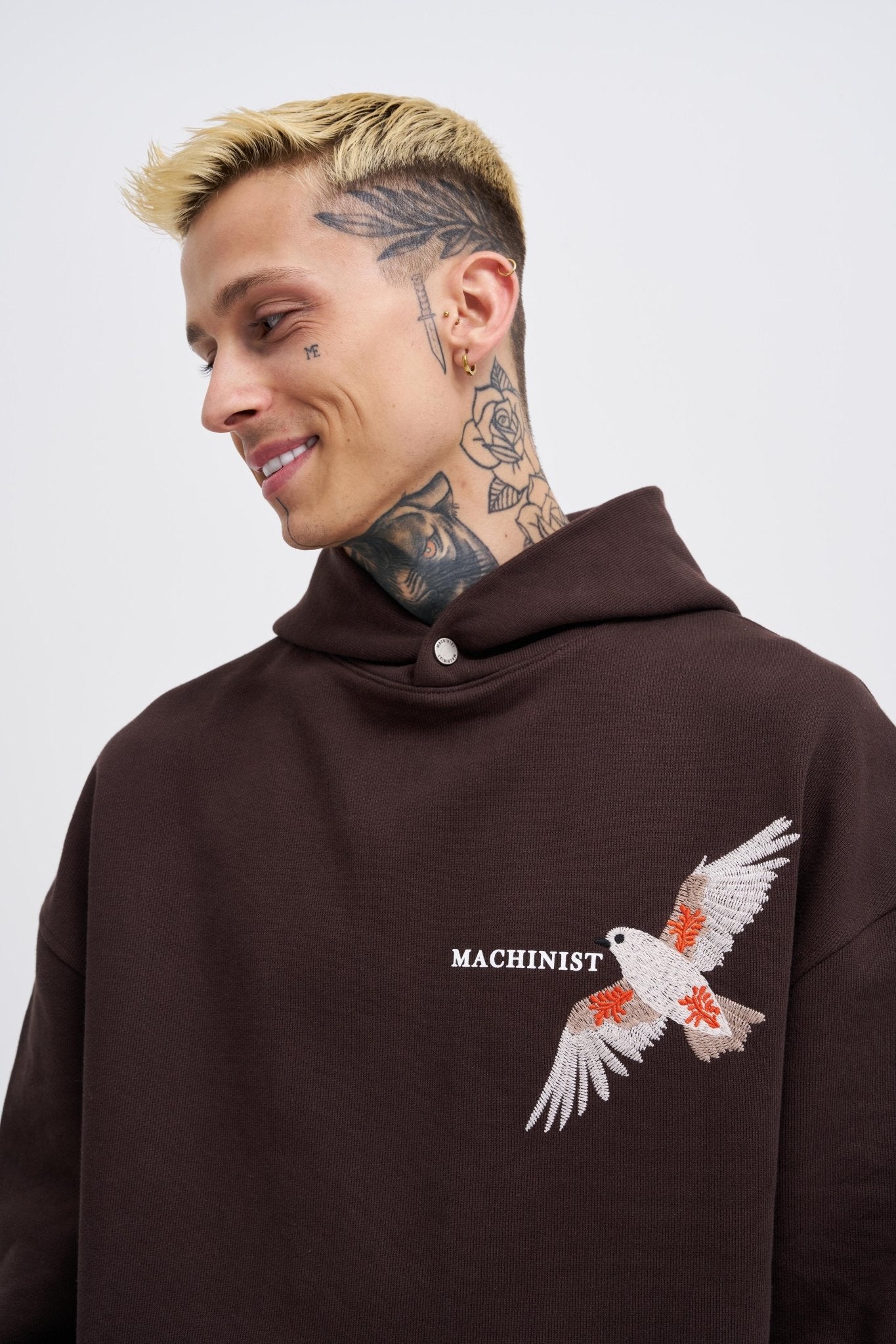 Erkek Embroidery Bird Kapüşonlu Sweatshirt Koyu Kahverengi