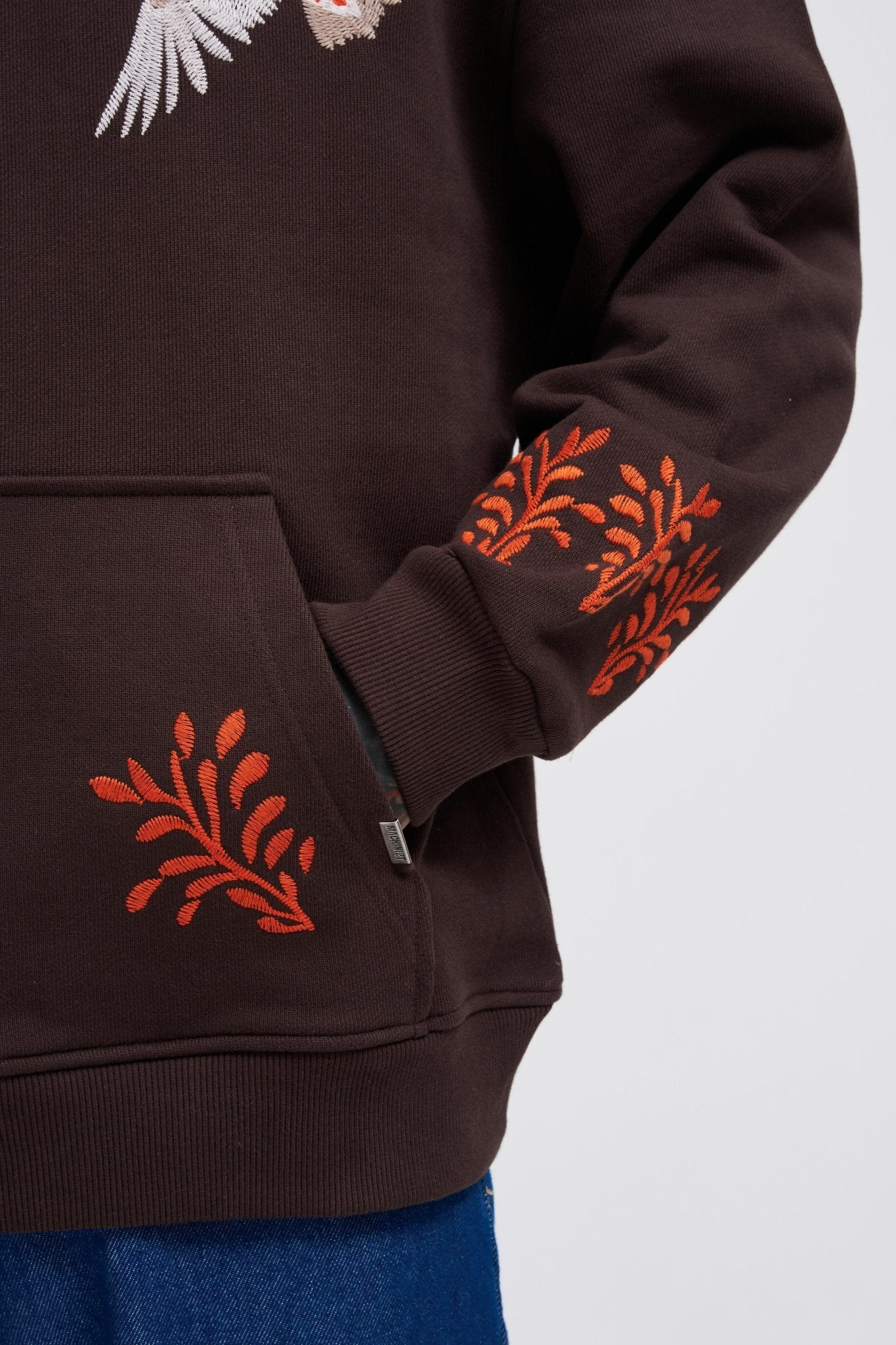 Erkek Embroidery Bird Kapüşonlu Sweatshirt Koyu Kahverengi