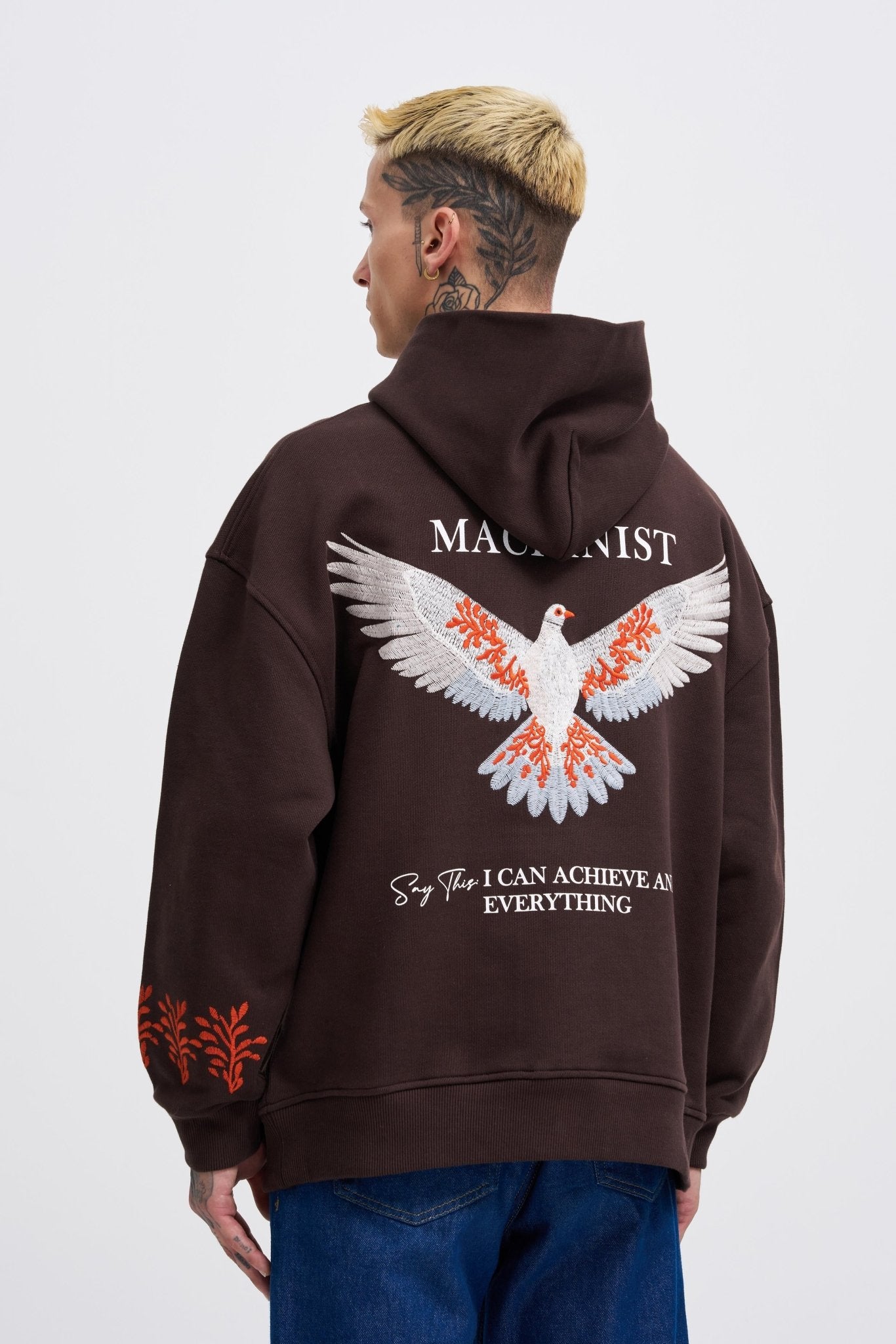 Erkek Embroidery Bird Kapüşonlu Sweatshirt Koyu Kahverengi