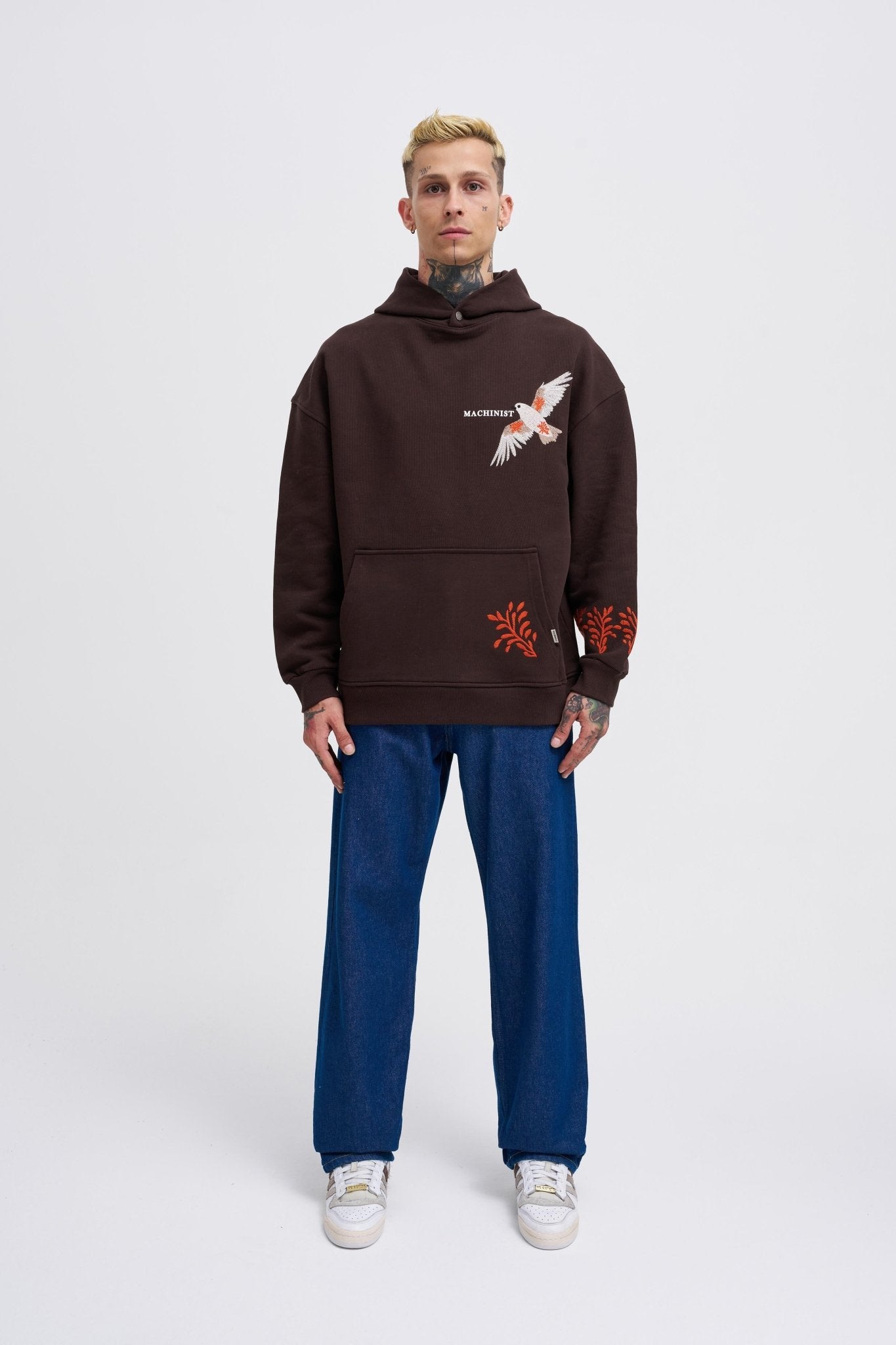 Erkek Embroidery Bird Kapüşonlu Sweatshirt Koyu Kahverengi