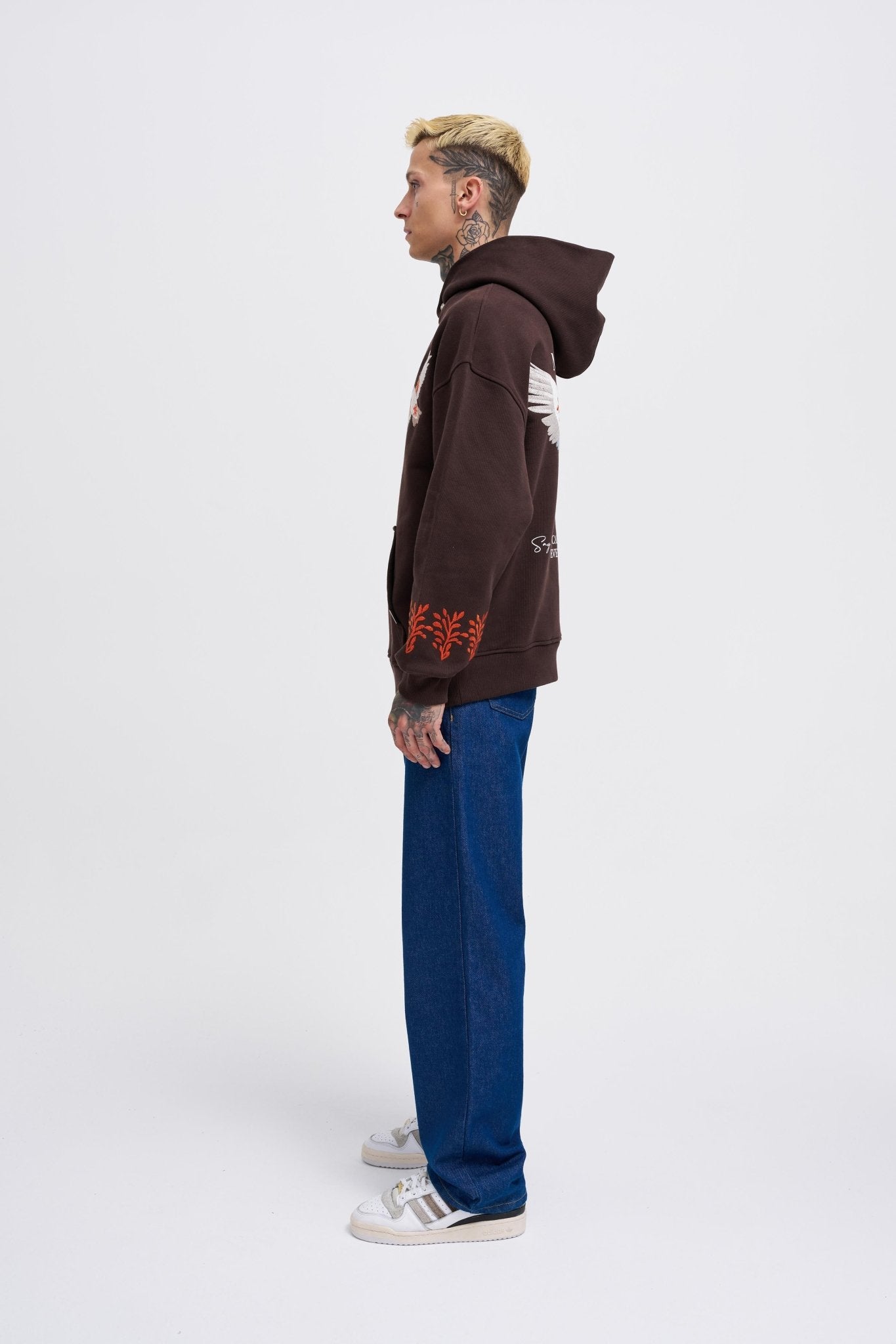 Erkek Embroidery Bird Kapüşonlu Sweatshirt Koyu Kahverengi