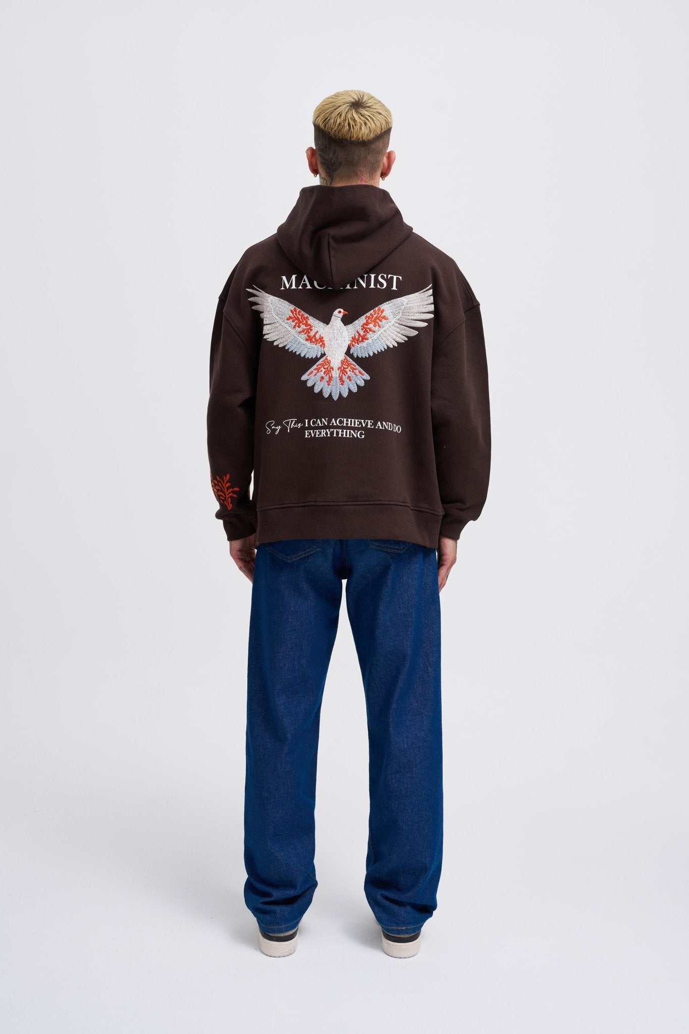 Erkek Embroidery Bird Kapüşonlu Sweatshirt Koyu Kahverengi