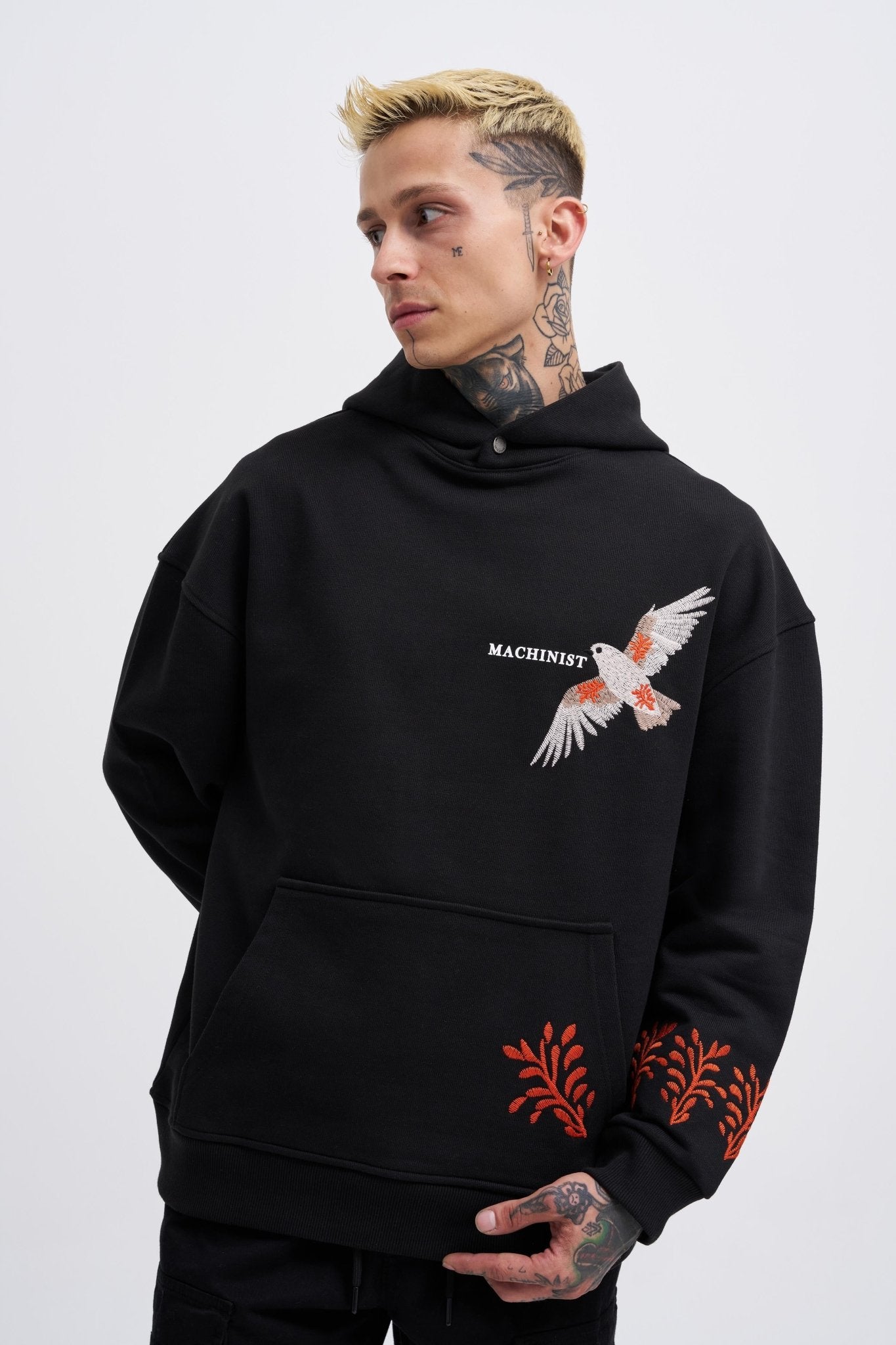 Erkek Embroidery Bird Kapüşonlu Sweatshirt Siyah